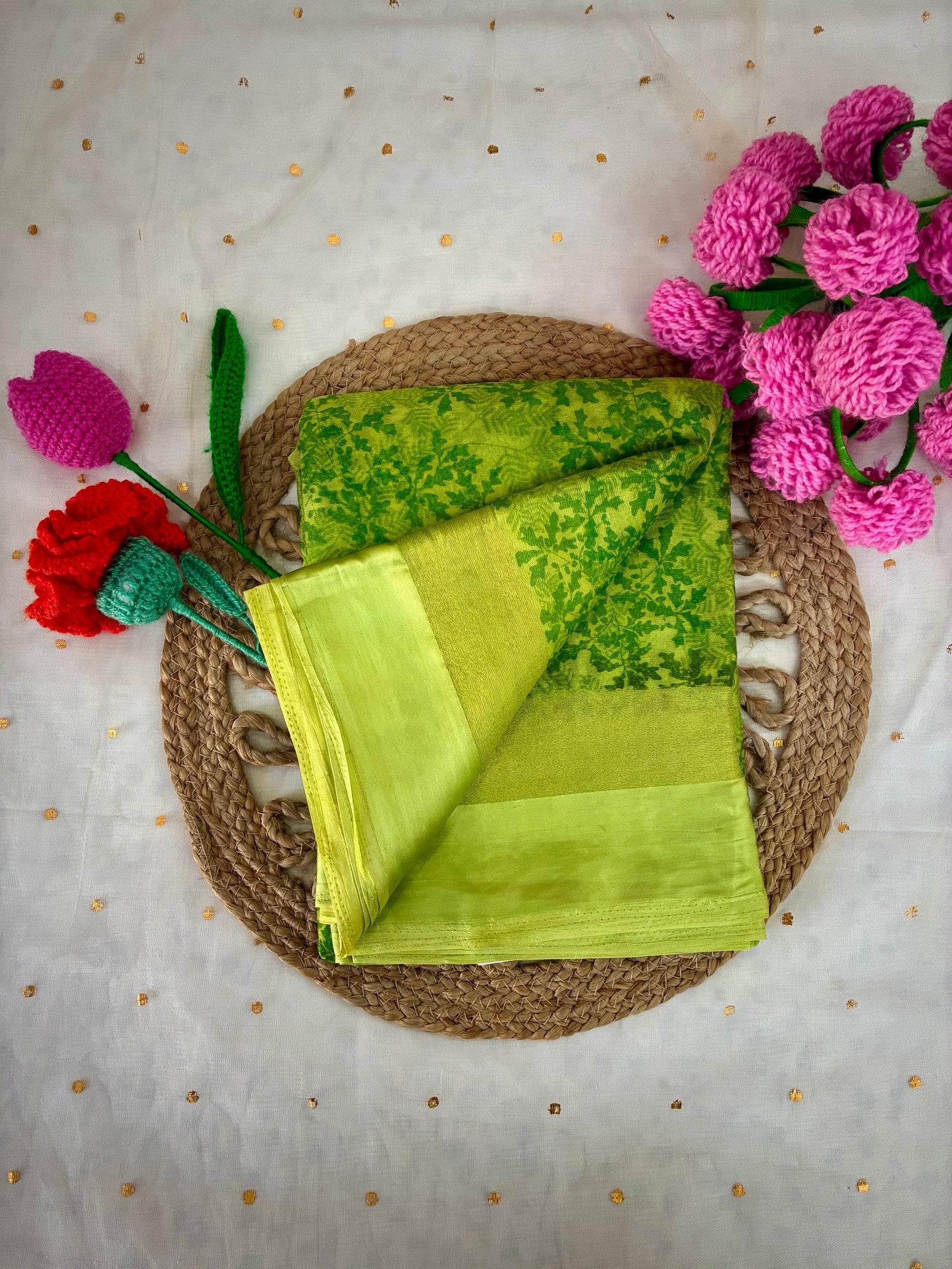 Green Printed Semi Chiffon Saree