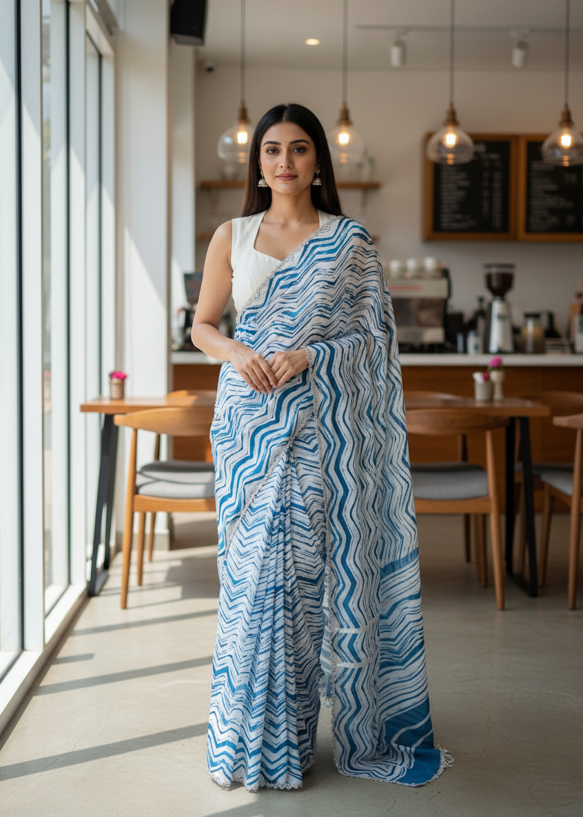 Woman in a blue and white patterned saree standing in a modern cafe.