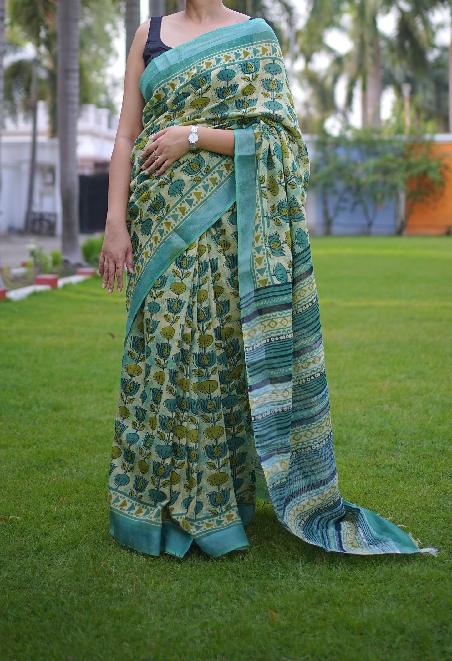 Green Linen Cotton Saree