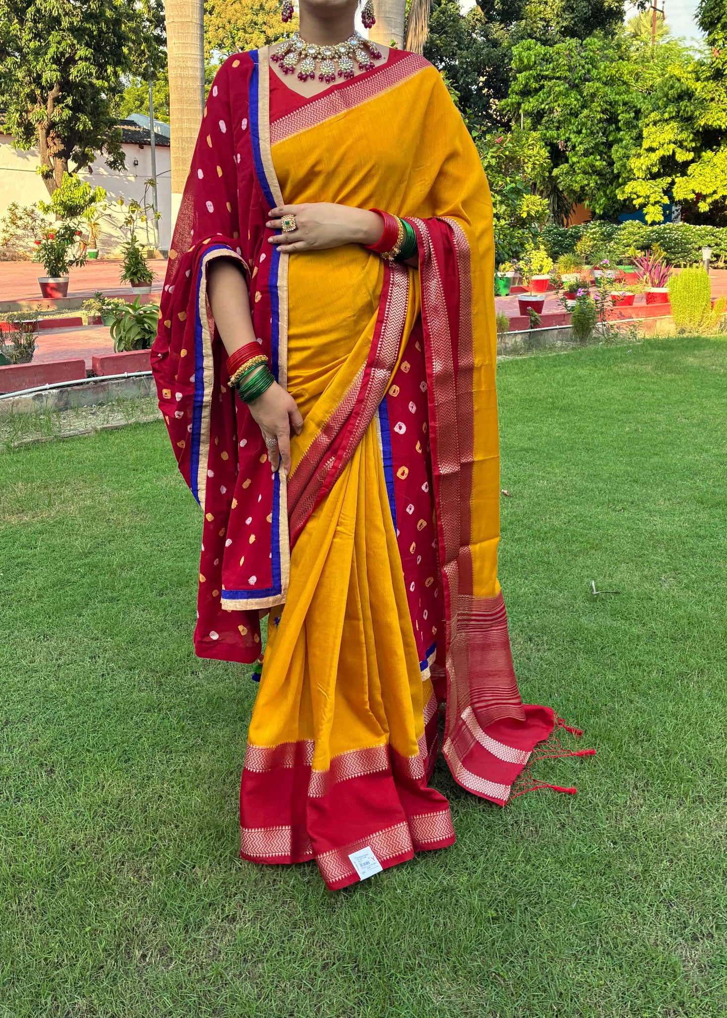 Woman in a yellow saree with a red border standing on grass with trees in the background