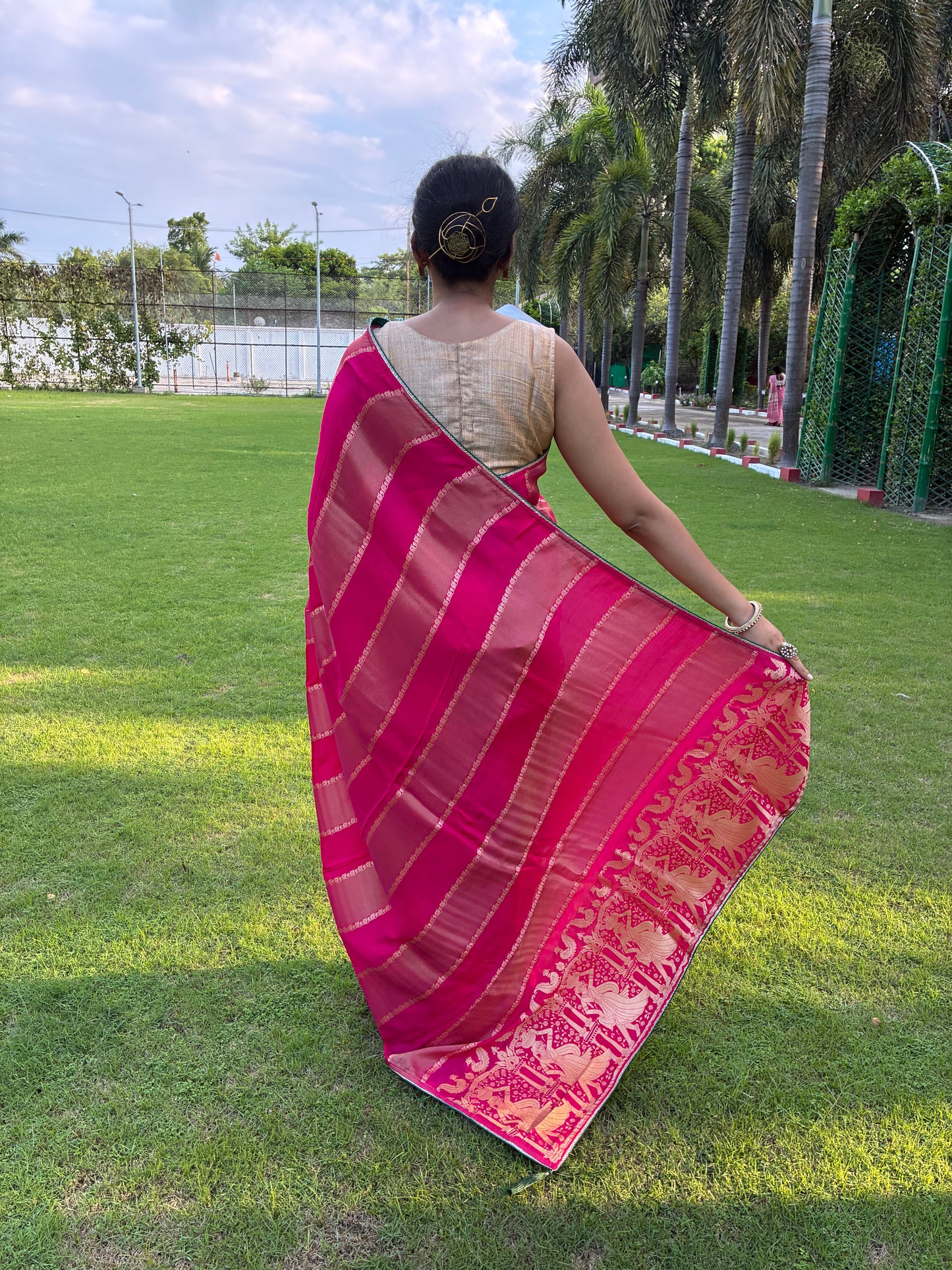 Pink Striped Dola Silk Saree