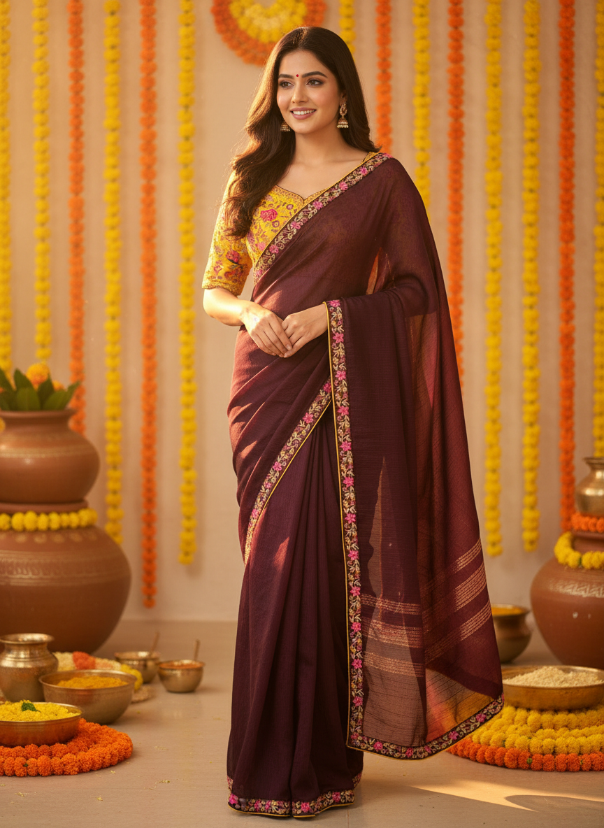 Brown Crushed Saree and Embroidered Blouse Combo