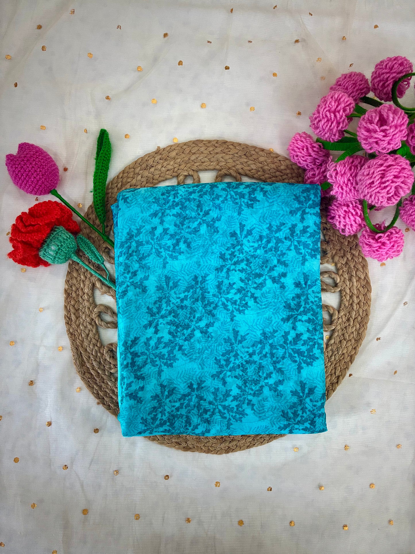 Blue Printed Semi Chiffon Saree