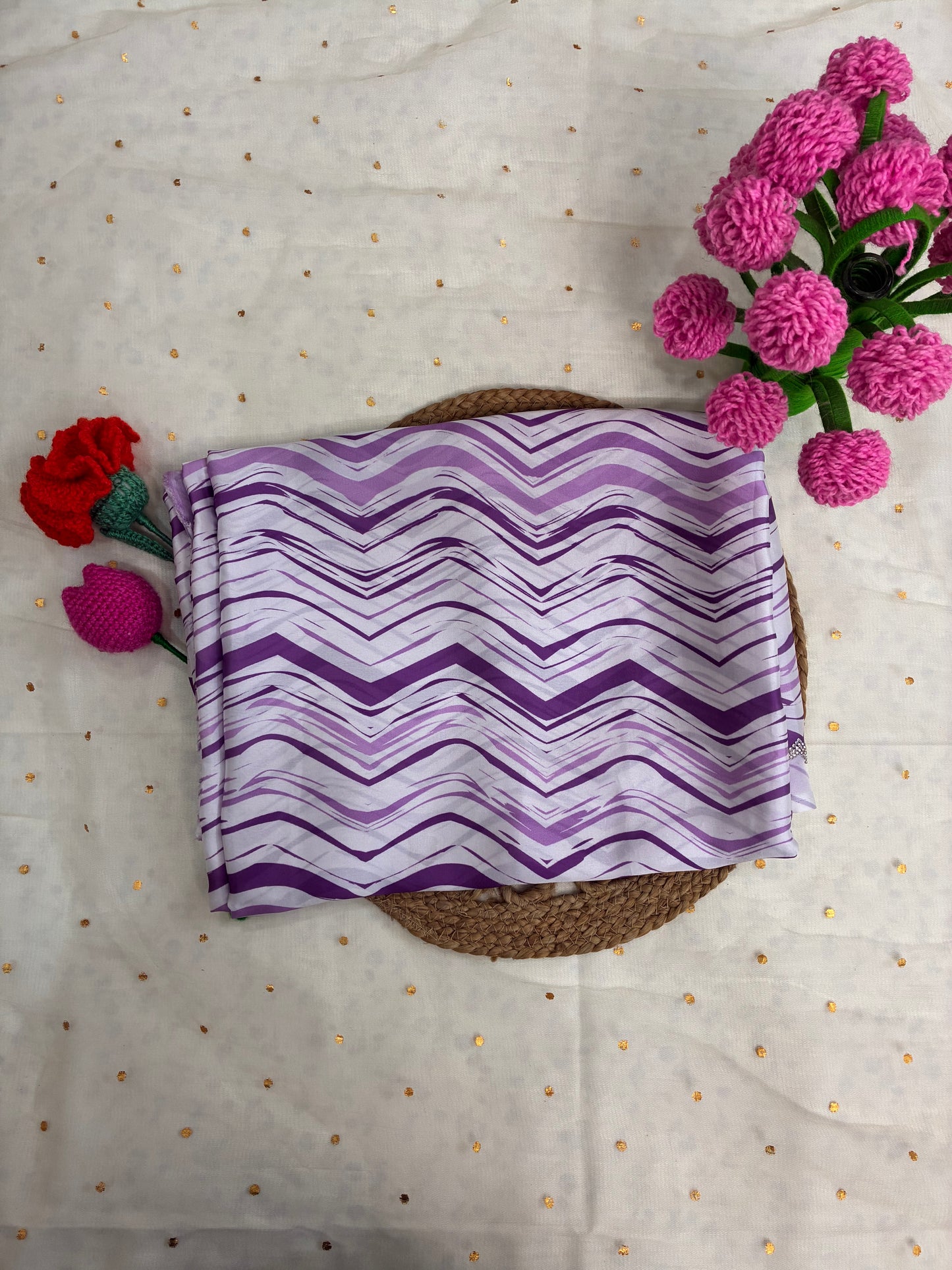 Purple white zig-zag Pastel Crepe Satin Saree