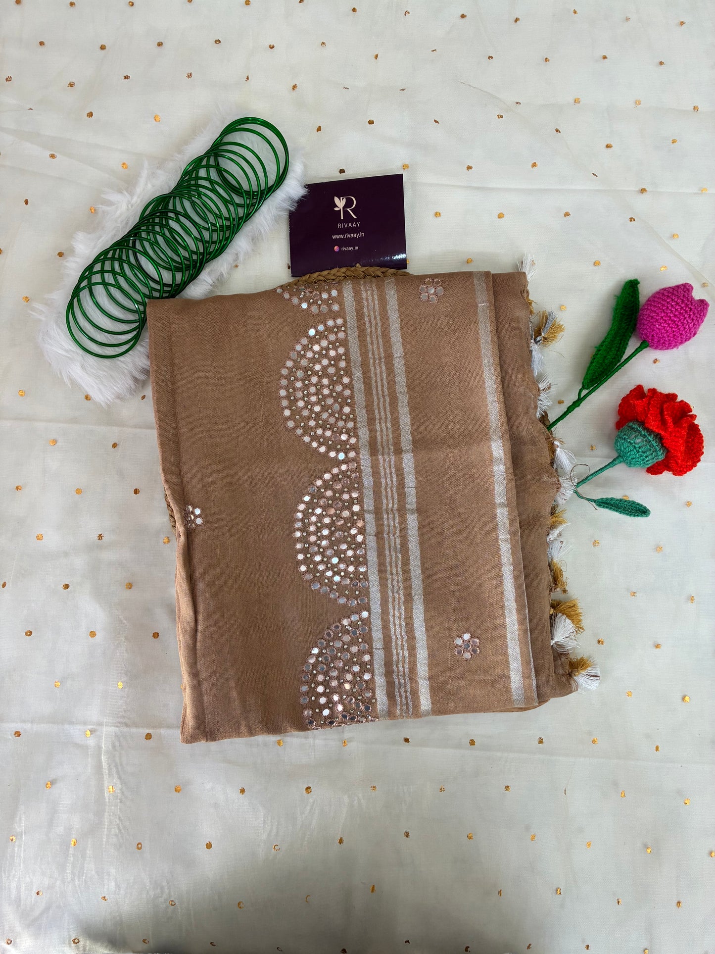 Chikoo- Beige Brown Work Pure Linen Saree