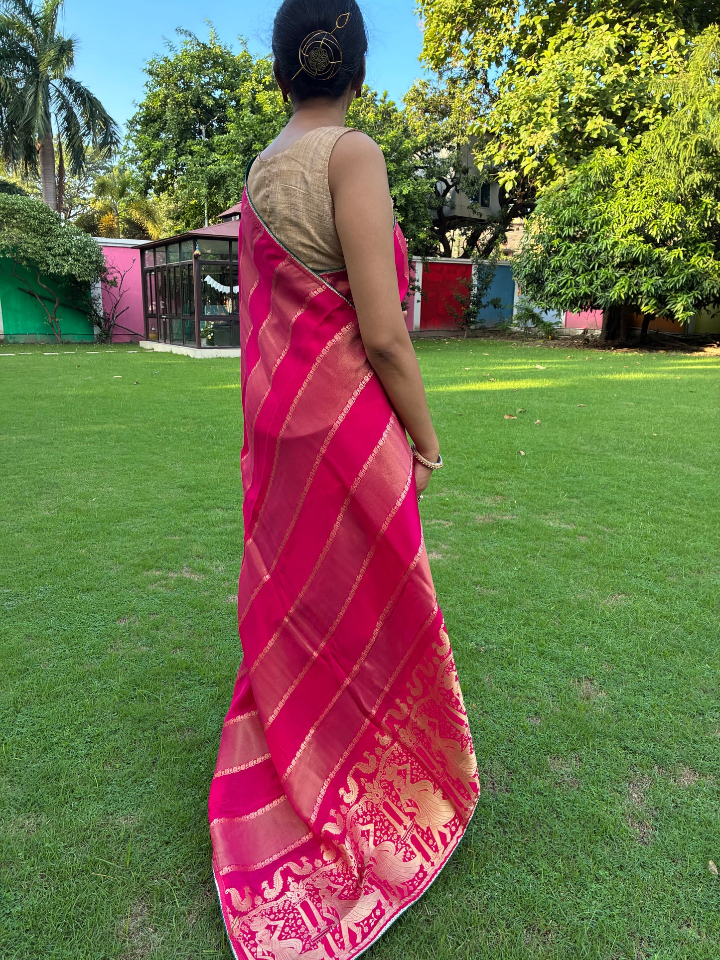 Pink Striped Dola Silk Saree