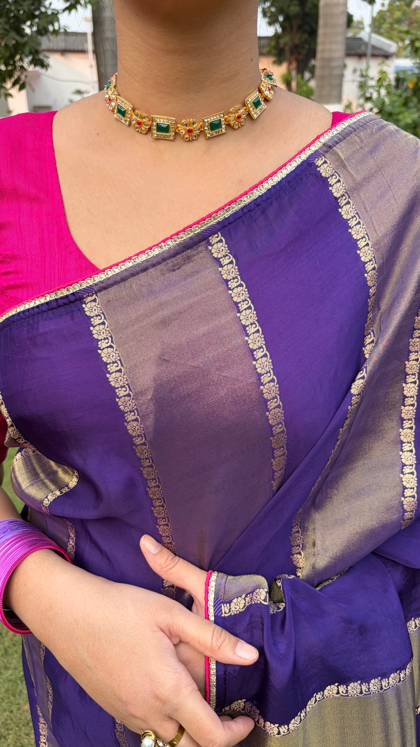 Purple Striped Dola Silk Saree