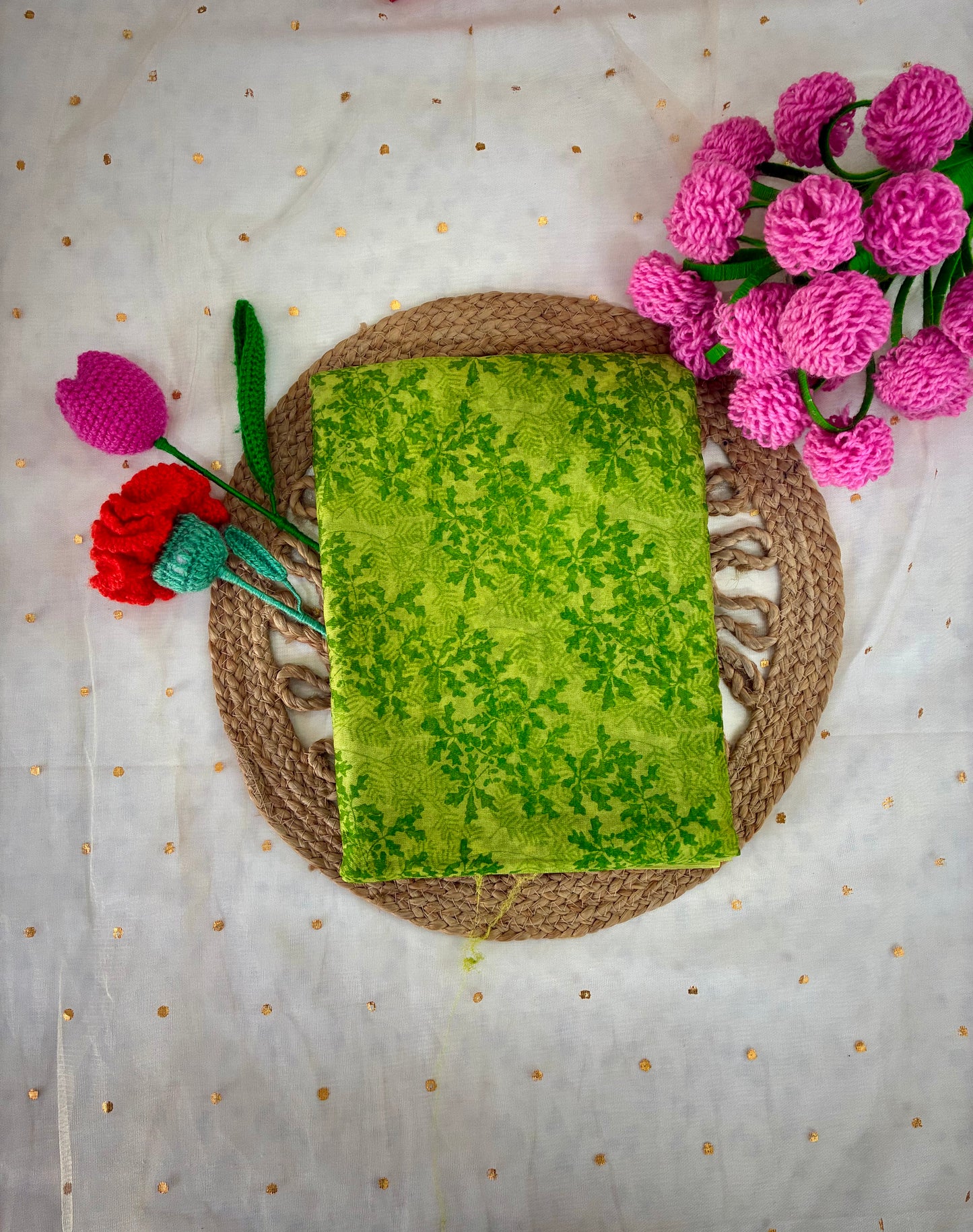 Green Printed Semi Chiffon Saree