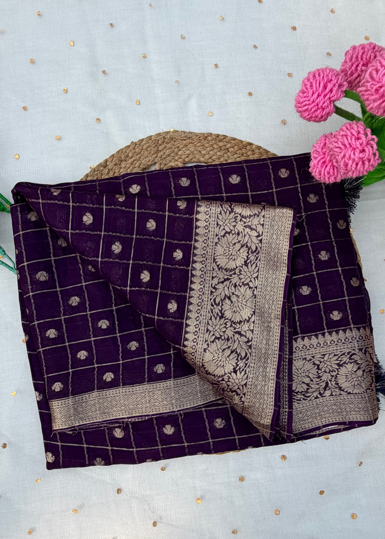 Purple Checkered Butti Chinon Saree
