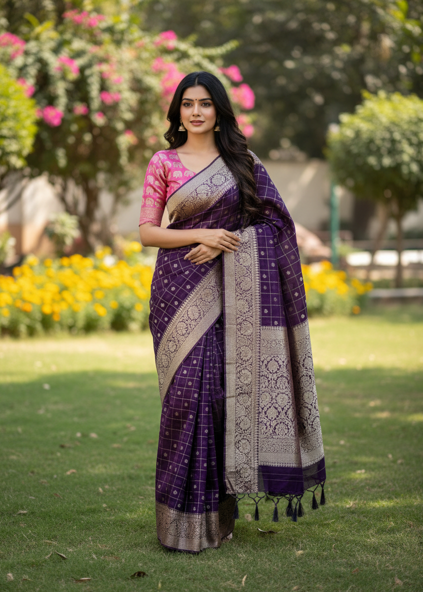 Purple Checkered Butti Chinon Saree