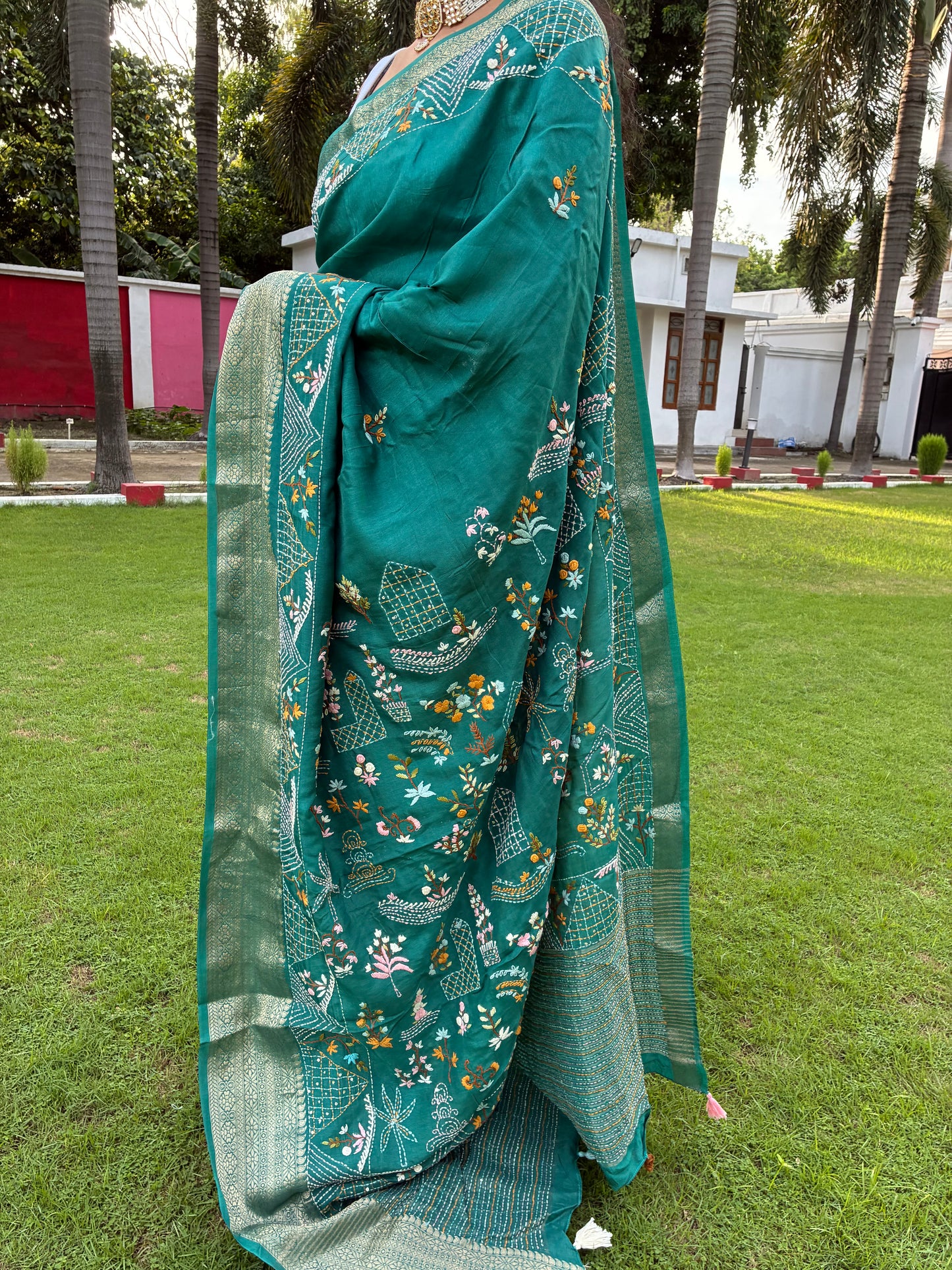 Teal Kantha Work -Habutai Silk Saree