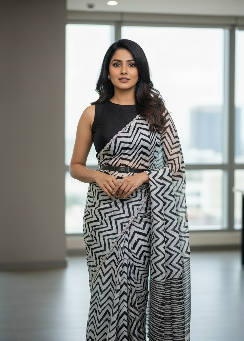 Black white zig-zag Pastel Crepe Satin Saree