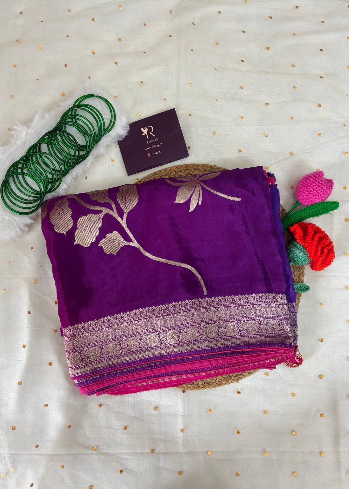 Purple Pink Floral Festive Dola Silk Saree