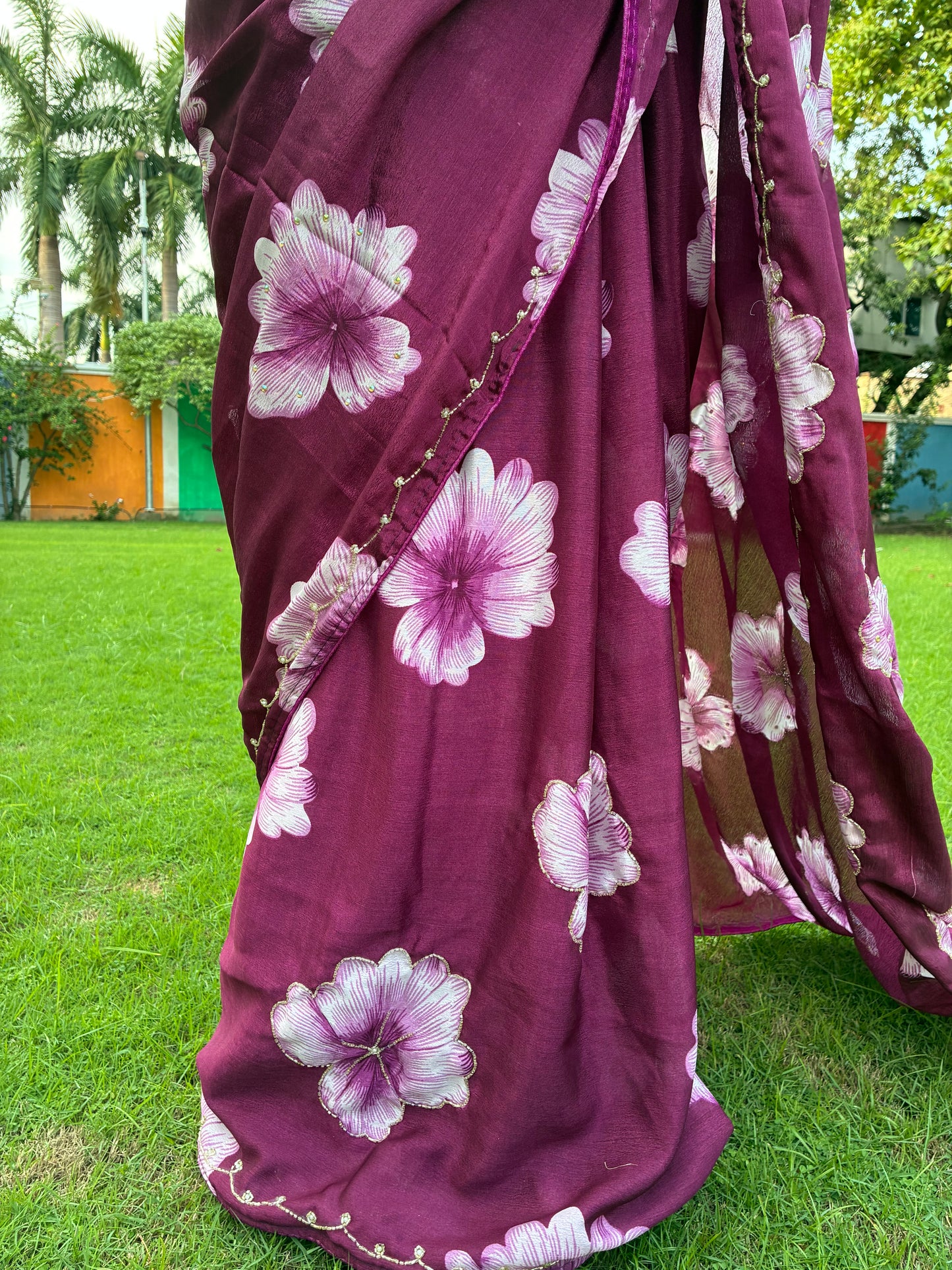Purple Floral Chinon Saree