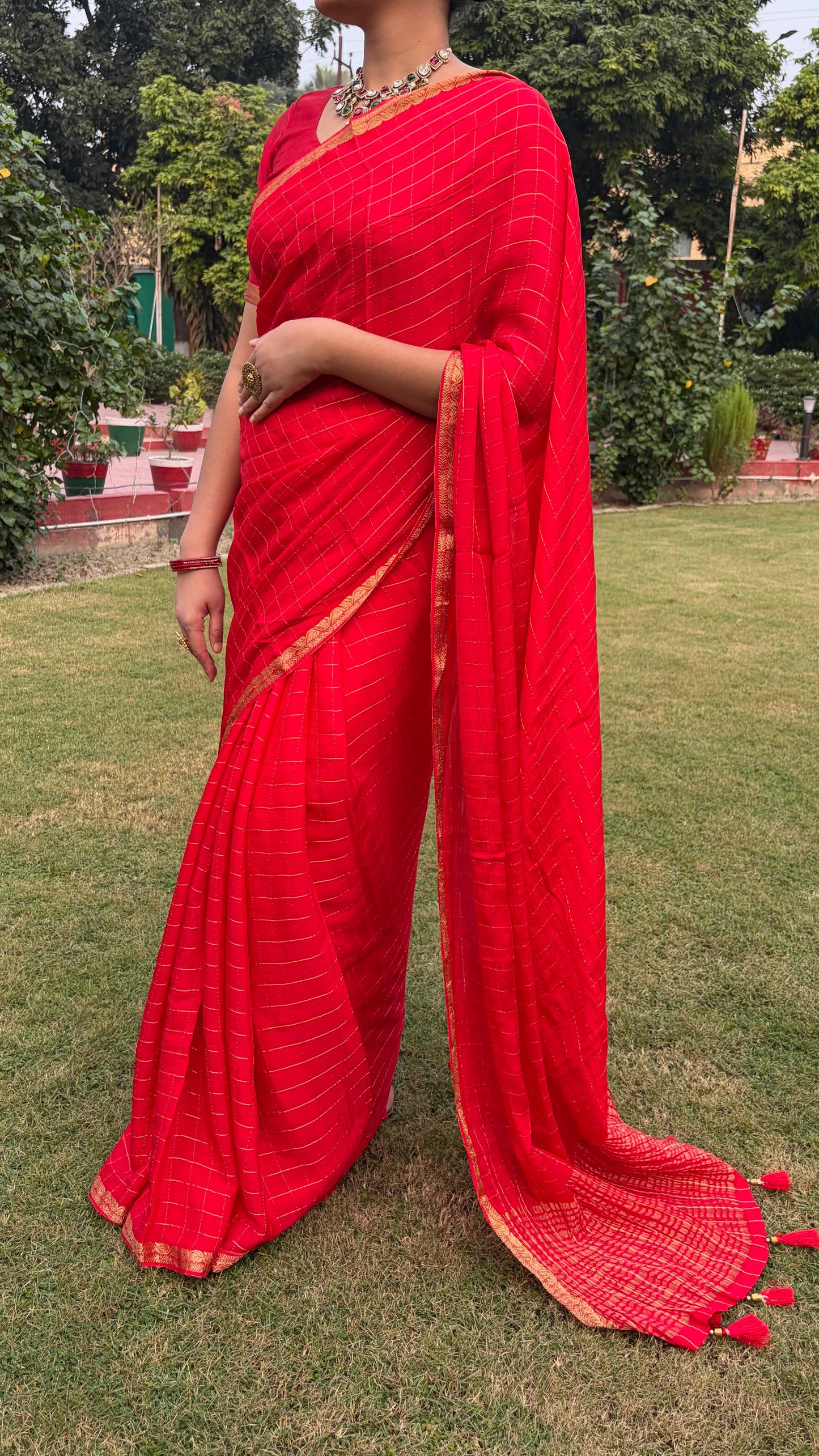 Red Checkered Chiffon Saree