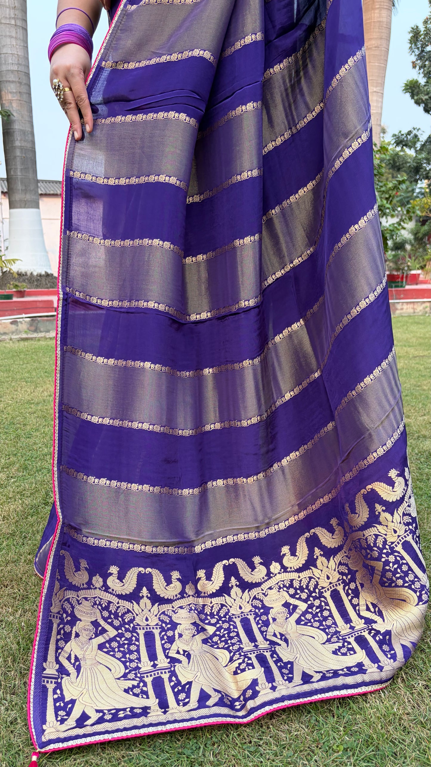 Purple Striped Dola Silk Saree