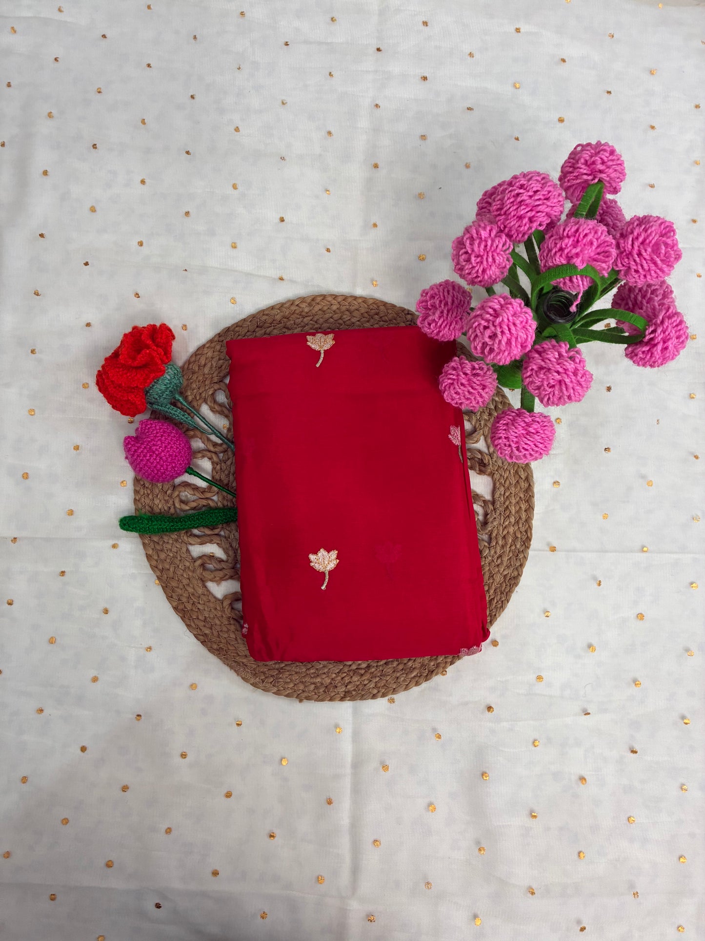 Red Floral Design Chinon Saree