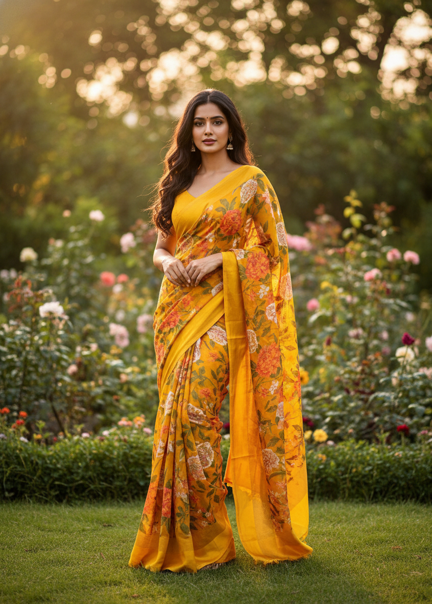 Woman in a yellow saree with floral patterns standing in a garden.