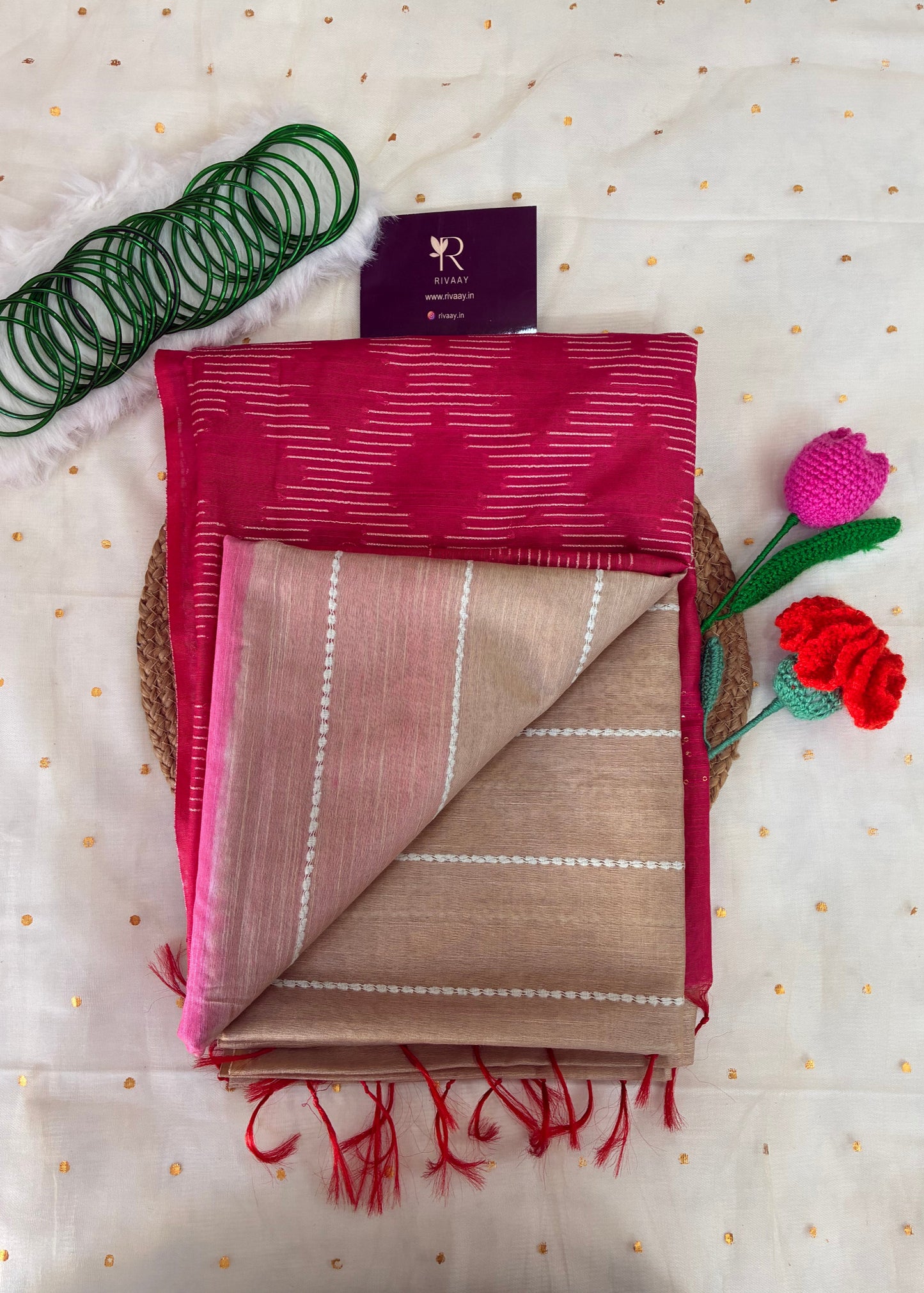 Beige Pink Striped Chanderi Cotton