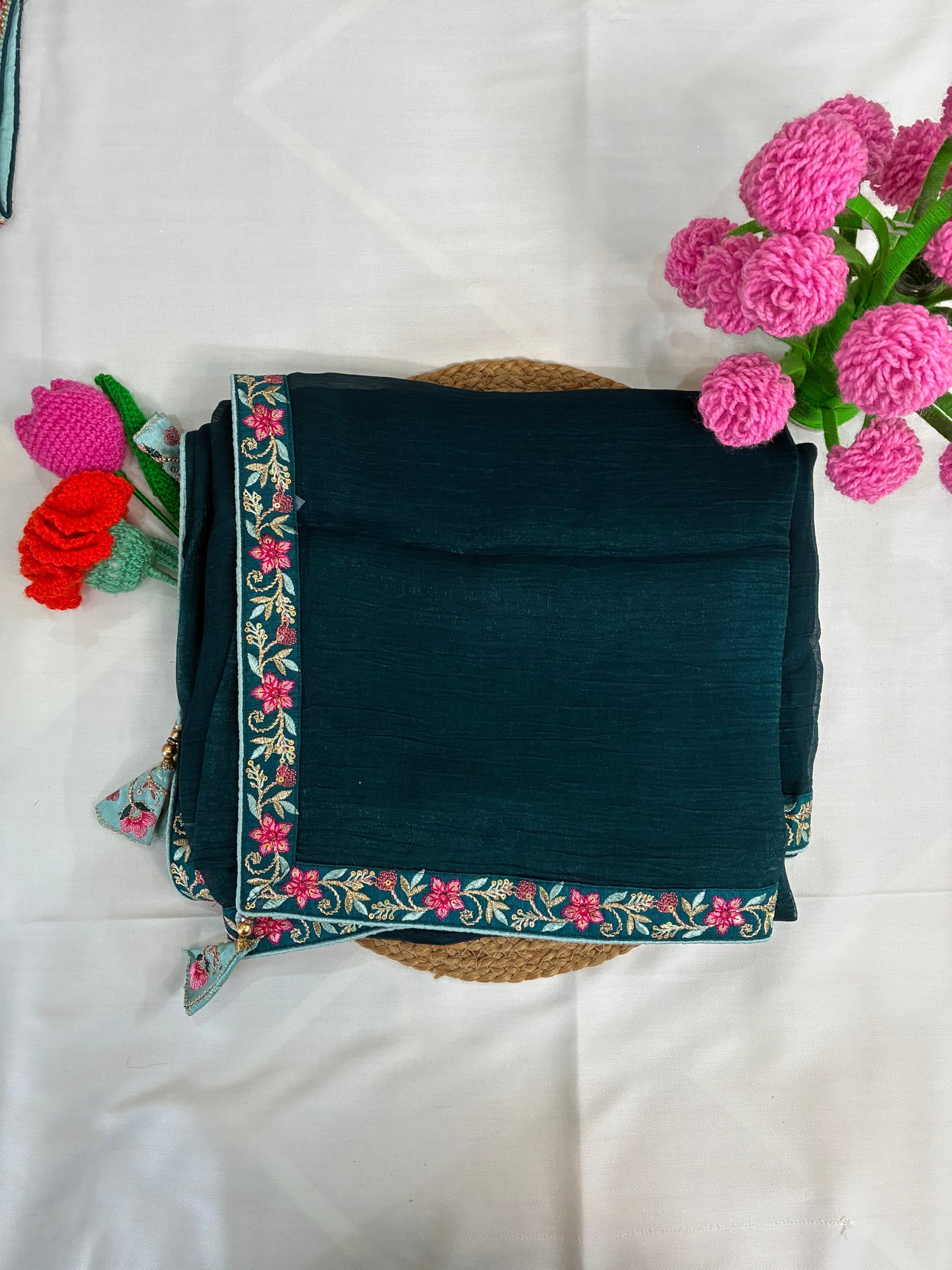 Blue Crushed Saree and Embroidered Blouse Combo