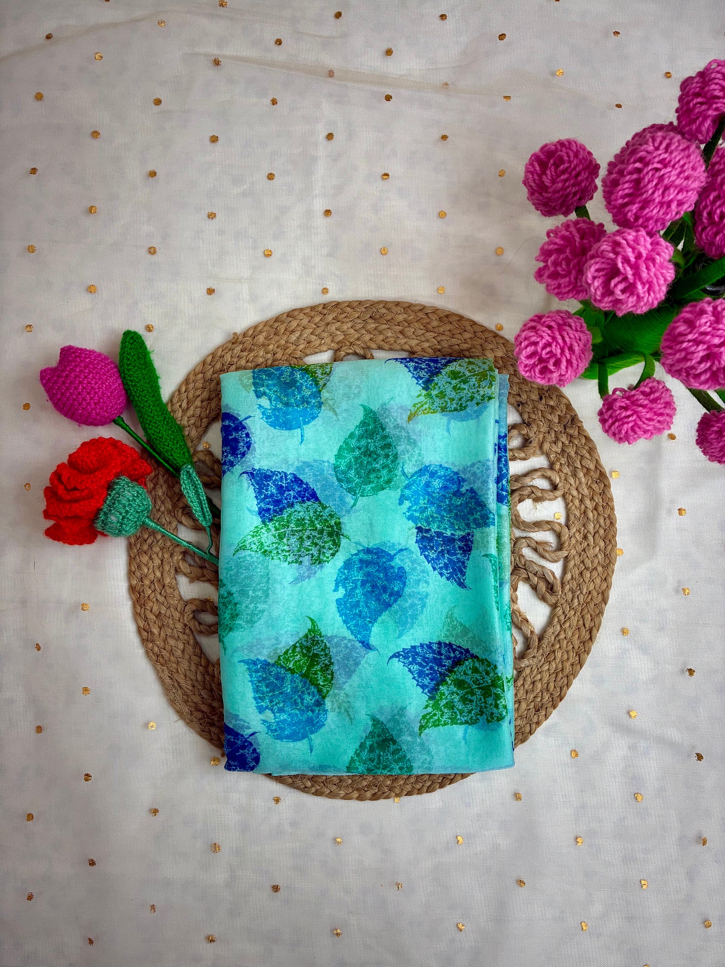 Blue Leaf Design Semi Chiffon Saree