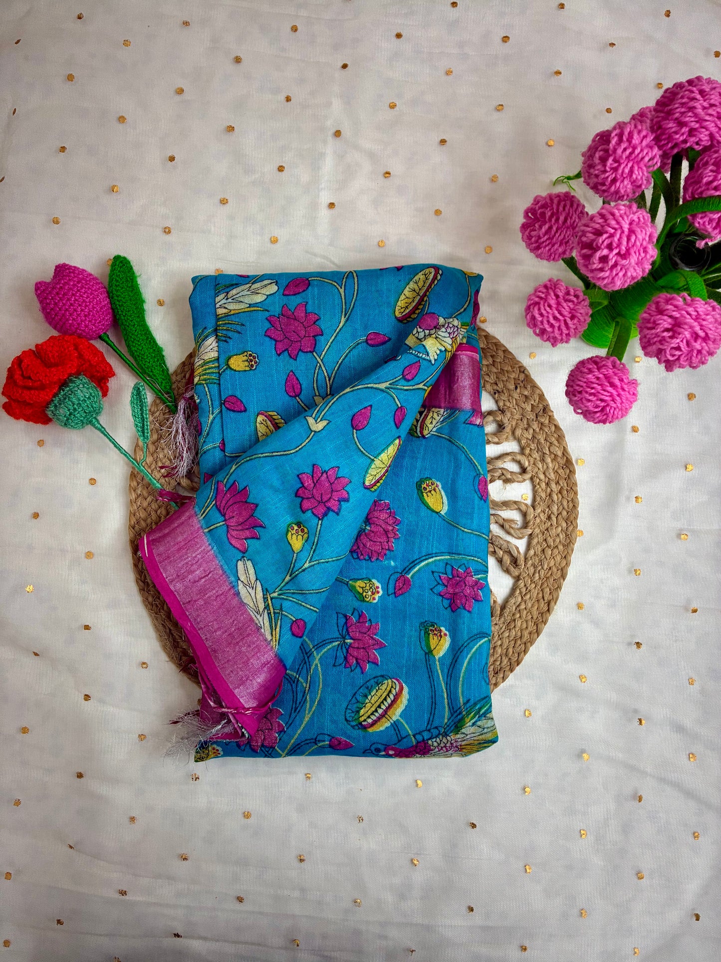 Blue Kalamkari Linen Cotton Saree