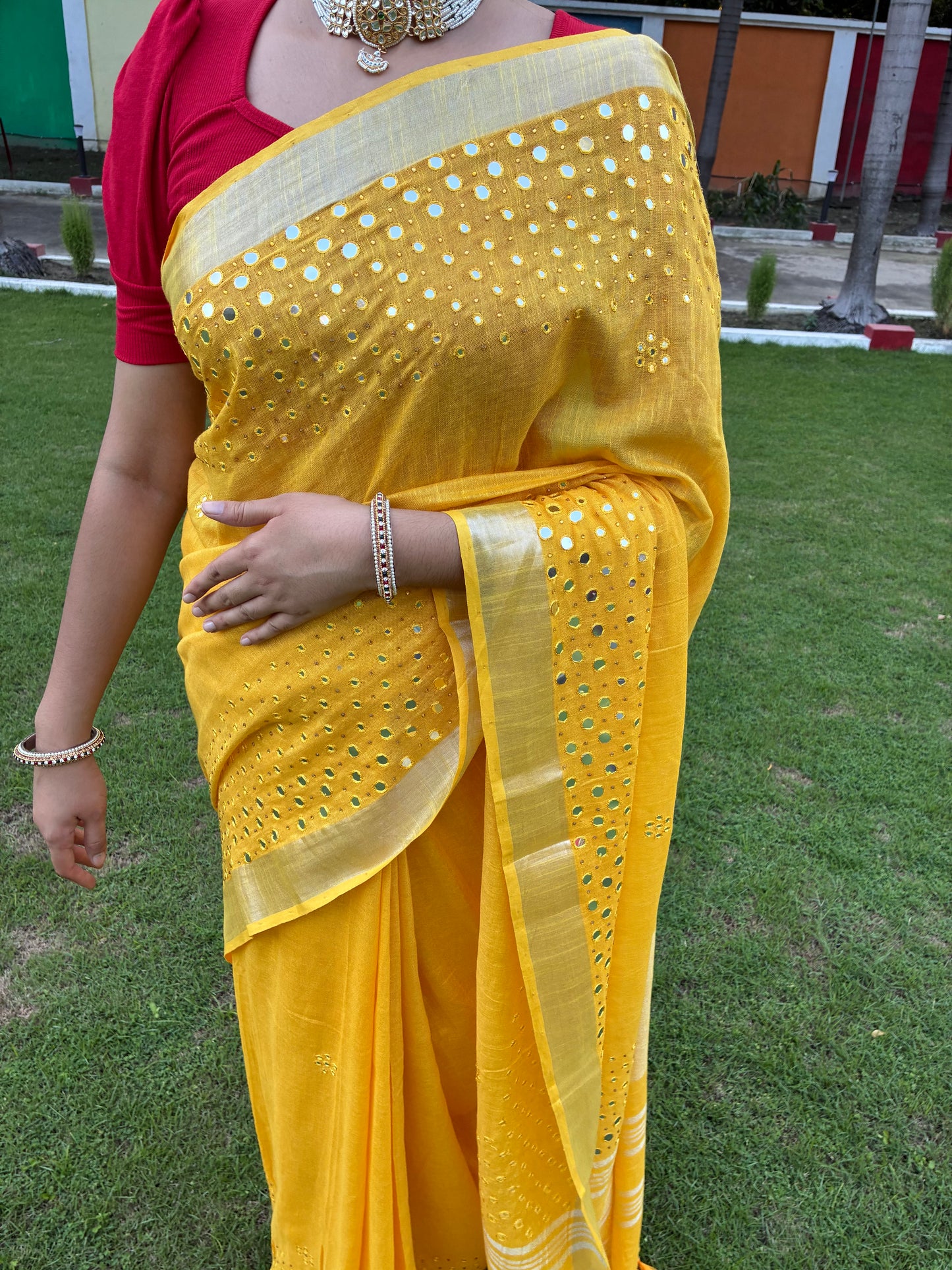 Yellow Work Pure Linen Saree