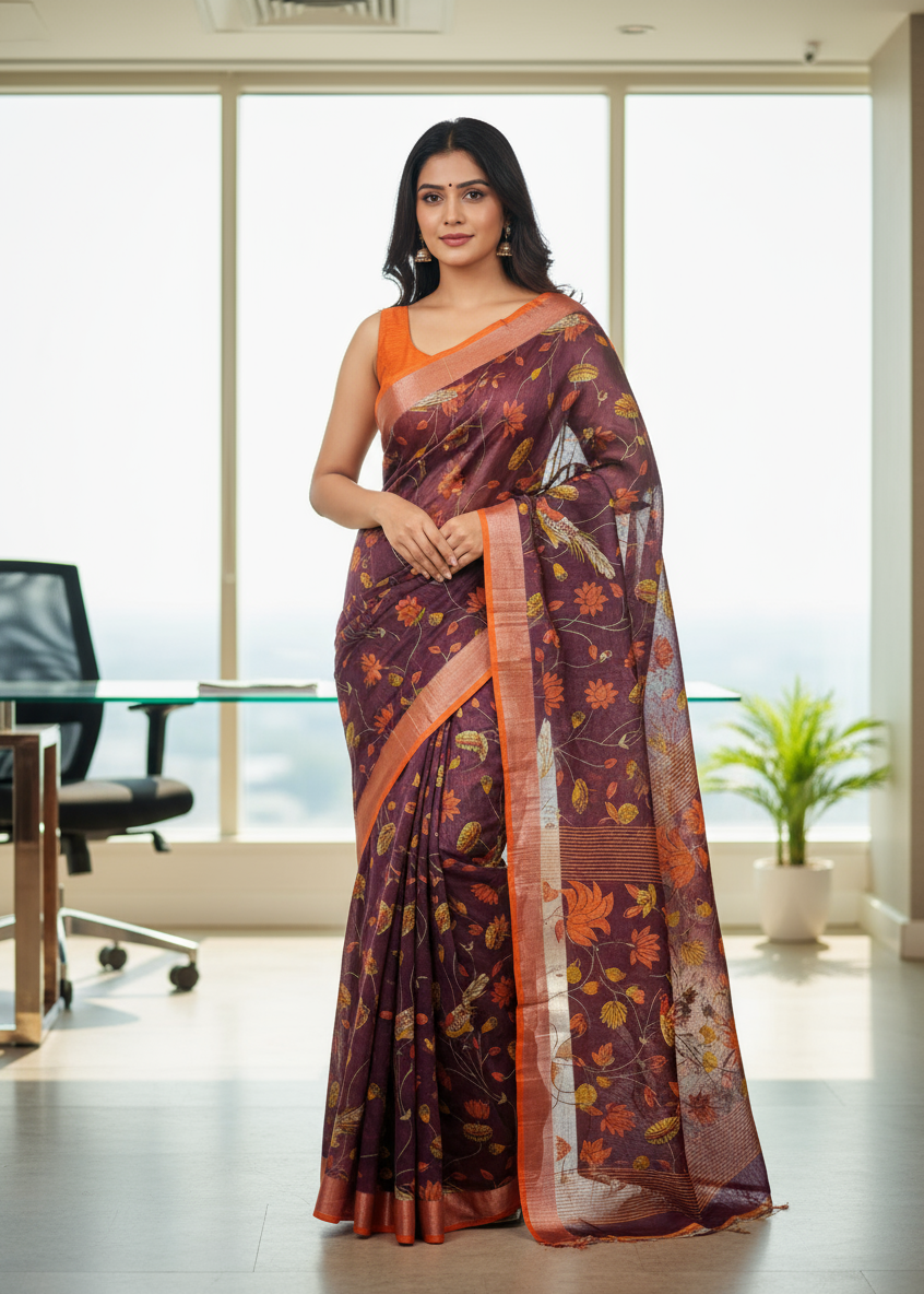Woman wearing a traditional saree in an office setting