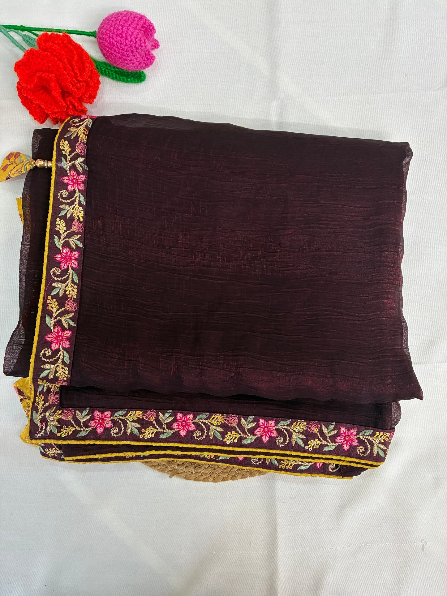 Brown Crushed Saree and Embroidered Blouse Combo