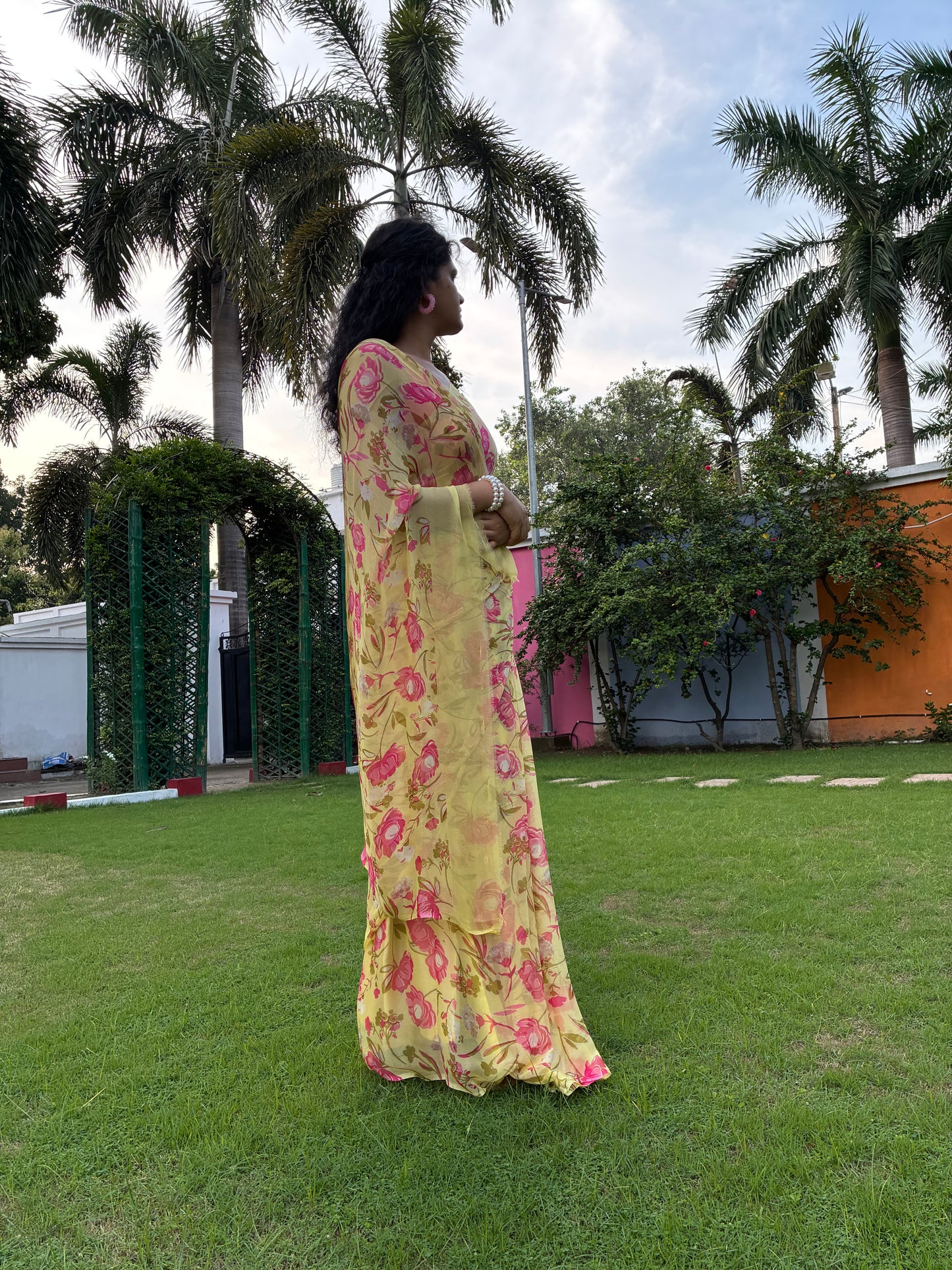 Yellow Floral Pure Chiffon Saree