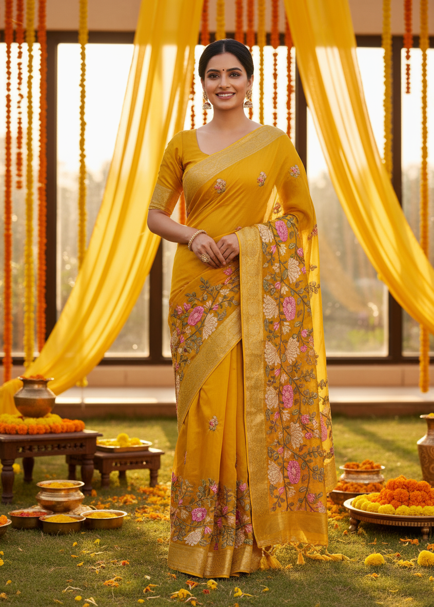 Woman in a yellow saree with floral patterns standing in front of decorative curtains.