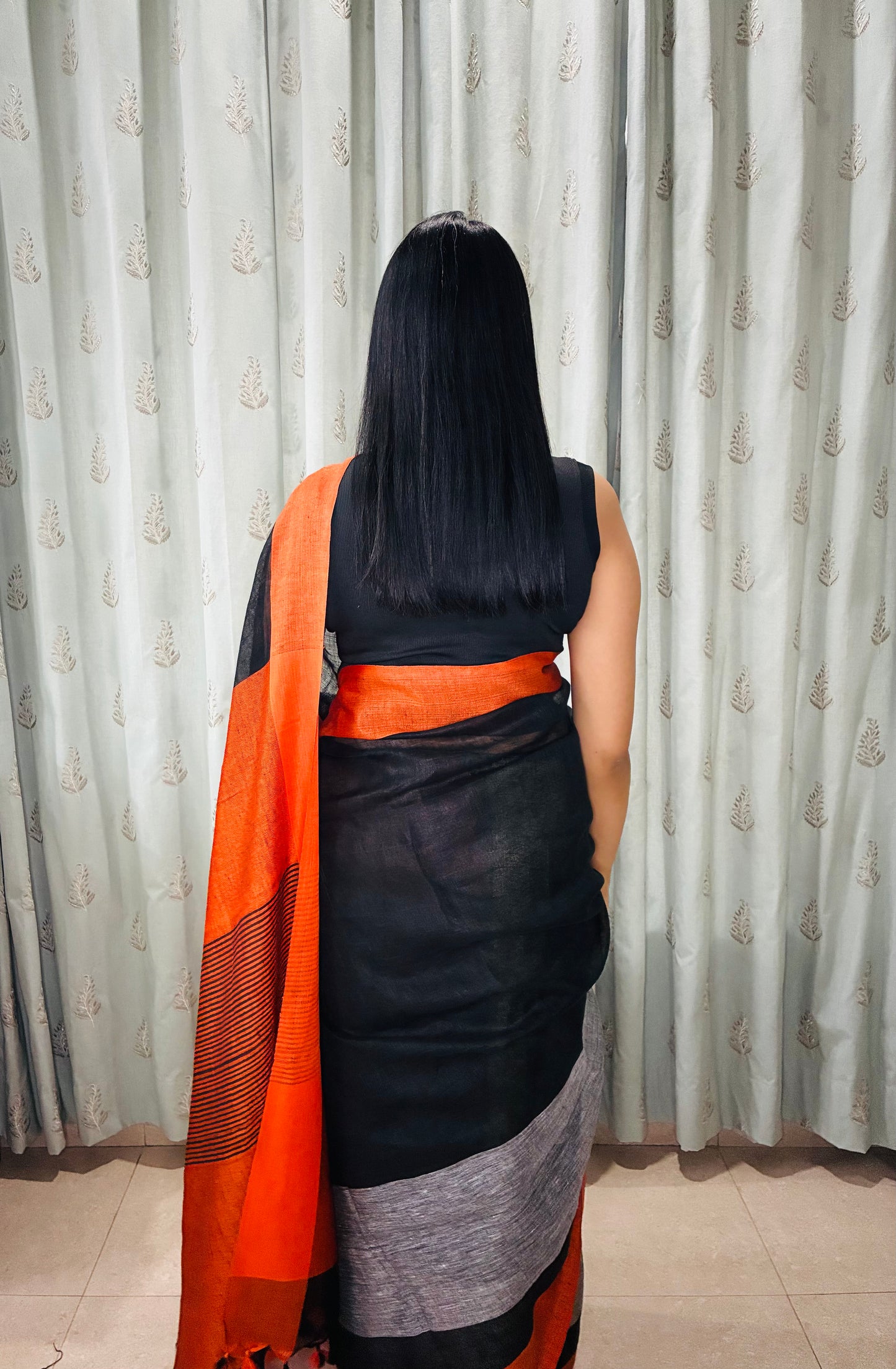 Black Orange Colorblock Pure Linen Saree