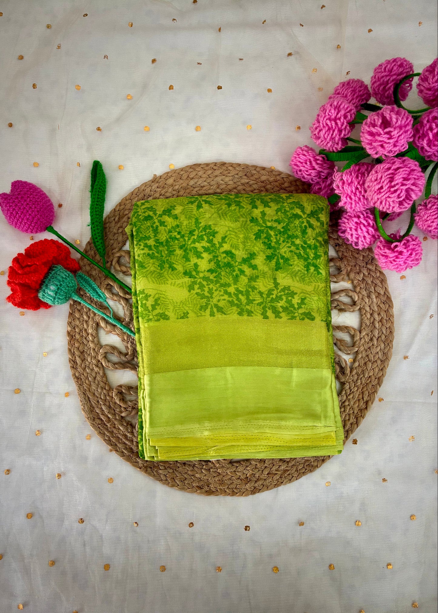 Green Printed Semi Chiffon Saree
