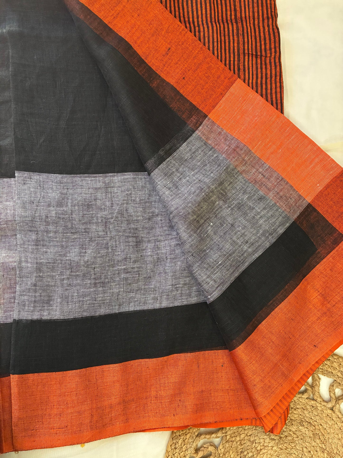 Black Orange Colorblock Pure Linen Saree