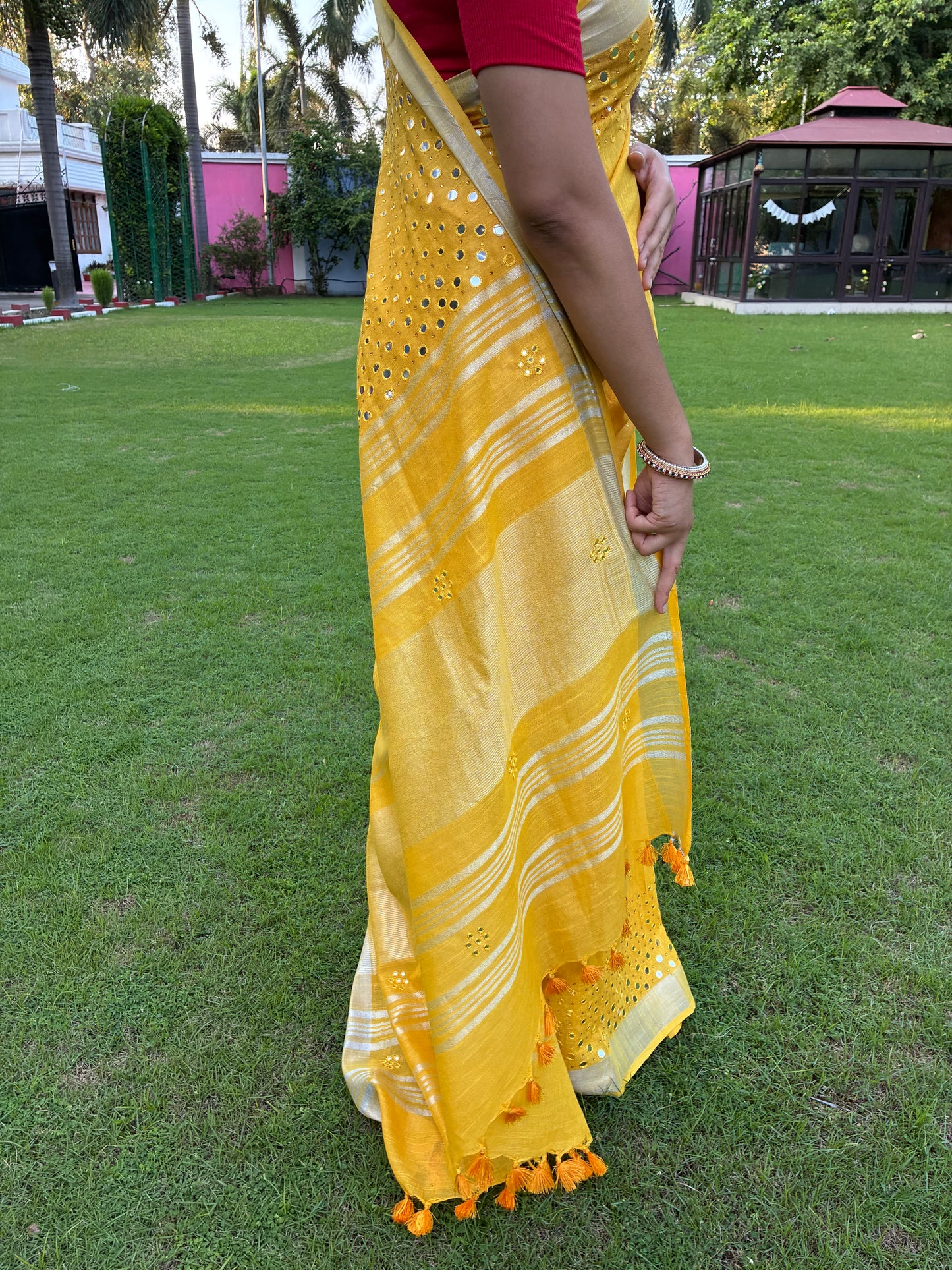 Yellow Work Pure Linen Saree