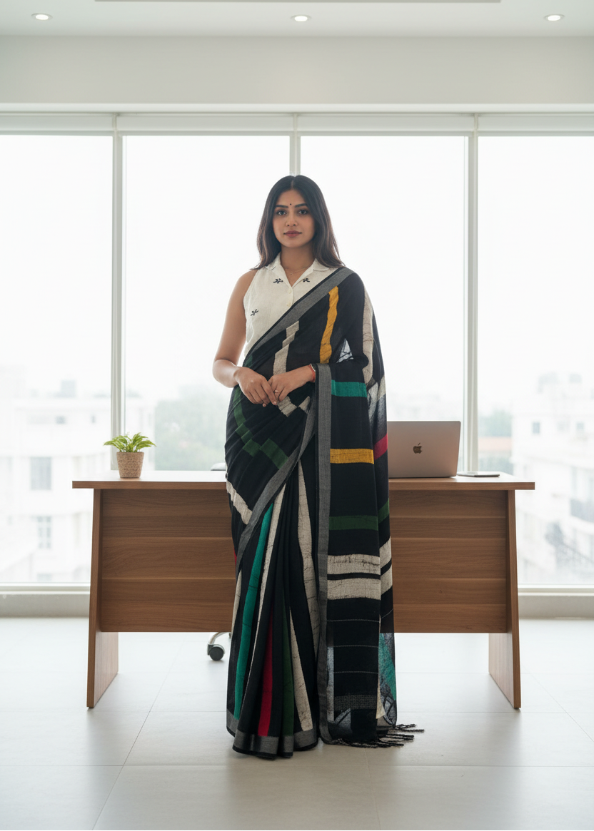 Woman in a saree standing in an office with large windows