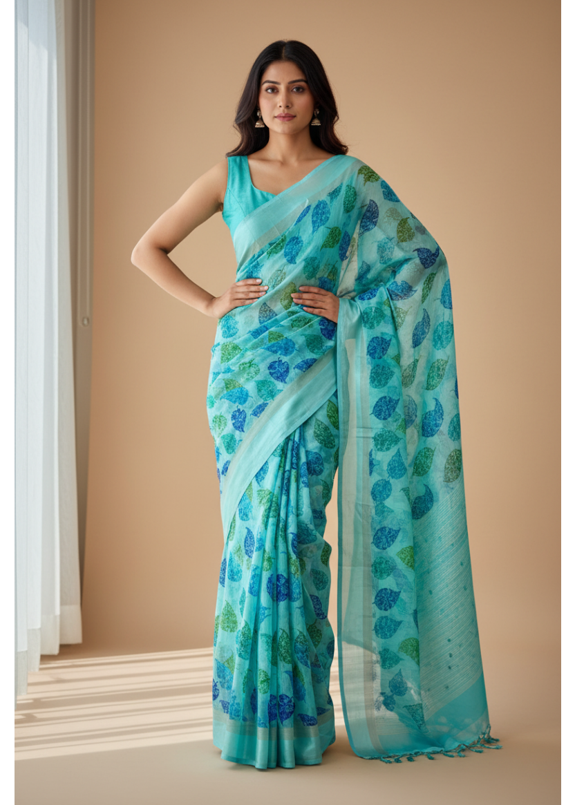 Blue Leaf Design Semi Chiffon Saree