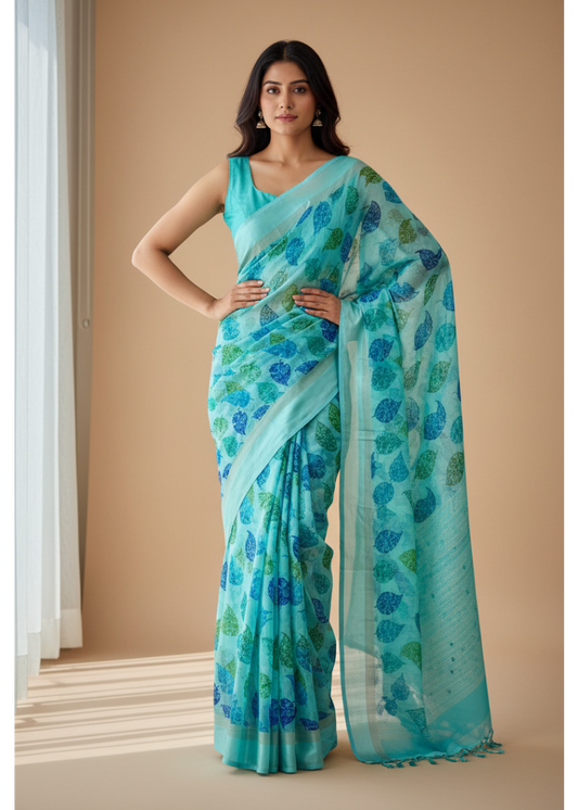 Blue Leaf Design Semi Chiffon Saree