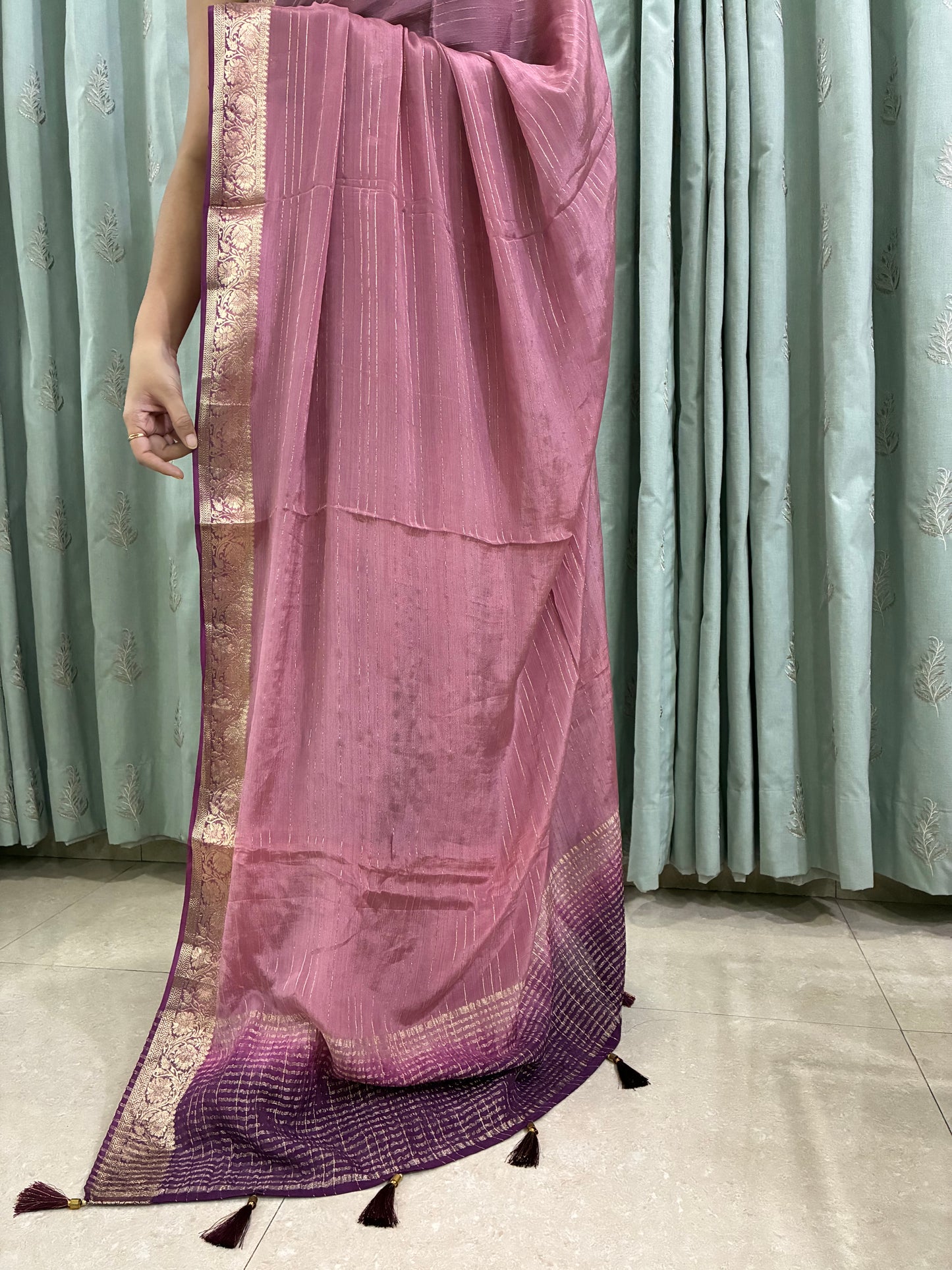 Mauve Striped Chiffon Saree