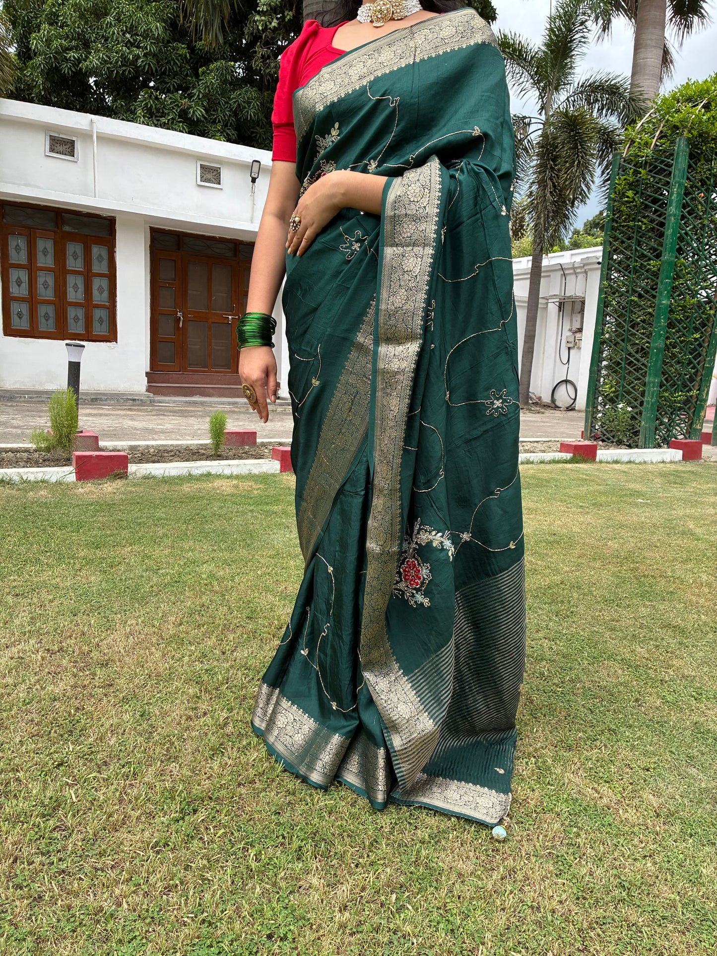 Green Festive Chit Pallu Saree