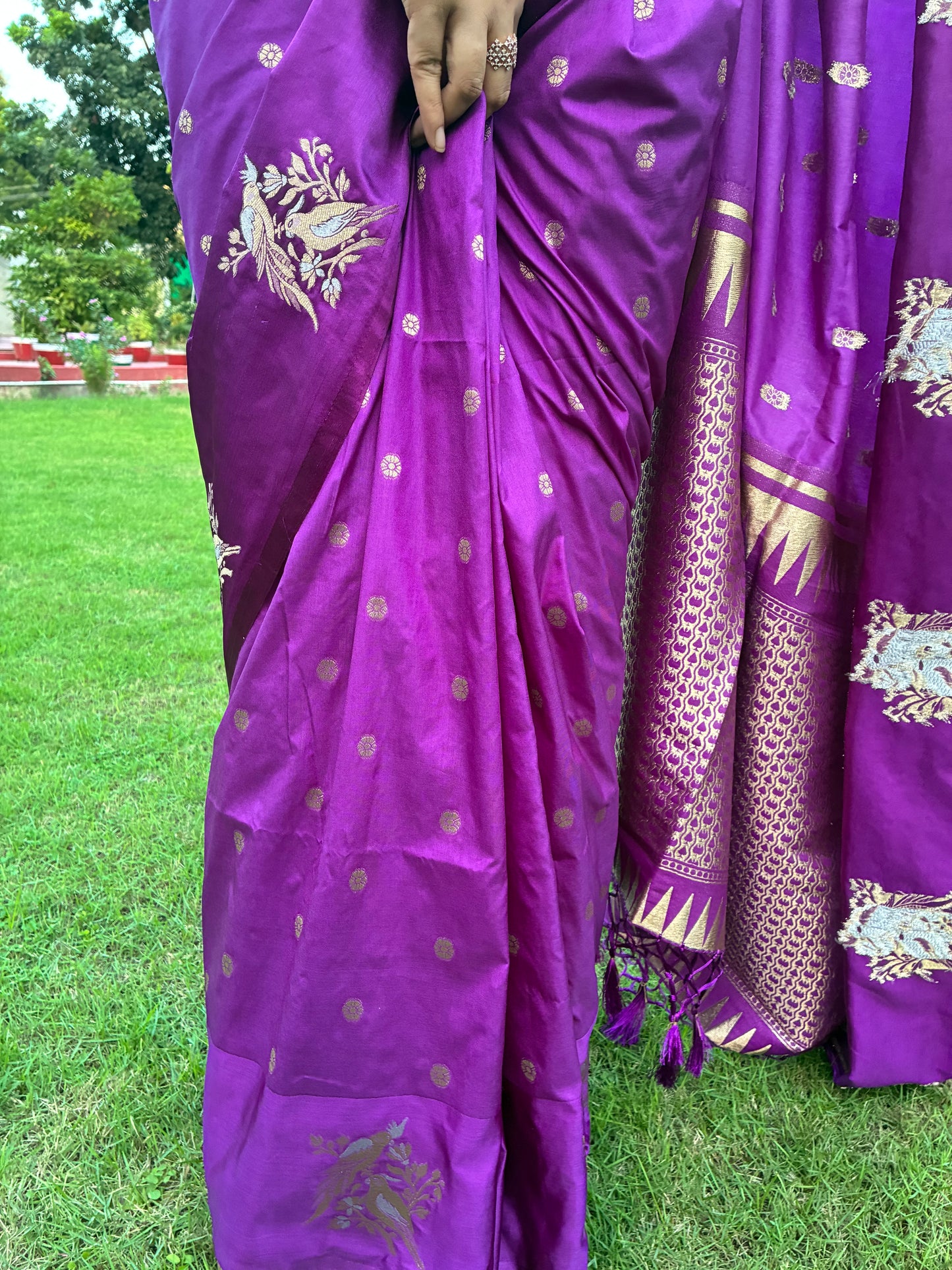 Purple Bird Design Border Satin Silk Saree