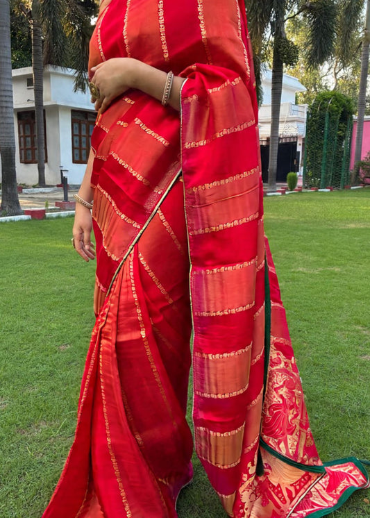 Red saree with gold stripes worn by a person on grass