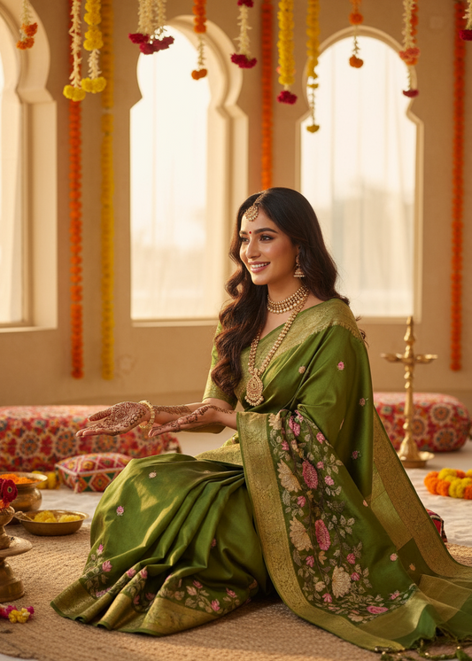 Woman in a green saree with floral patterns sitting in a decorated room.