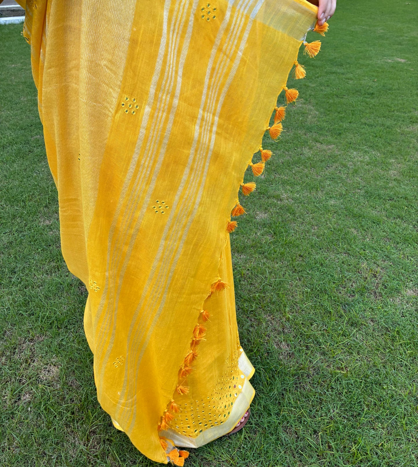 Yellow Work Pure Linen Saree