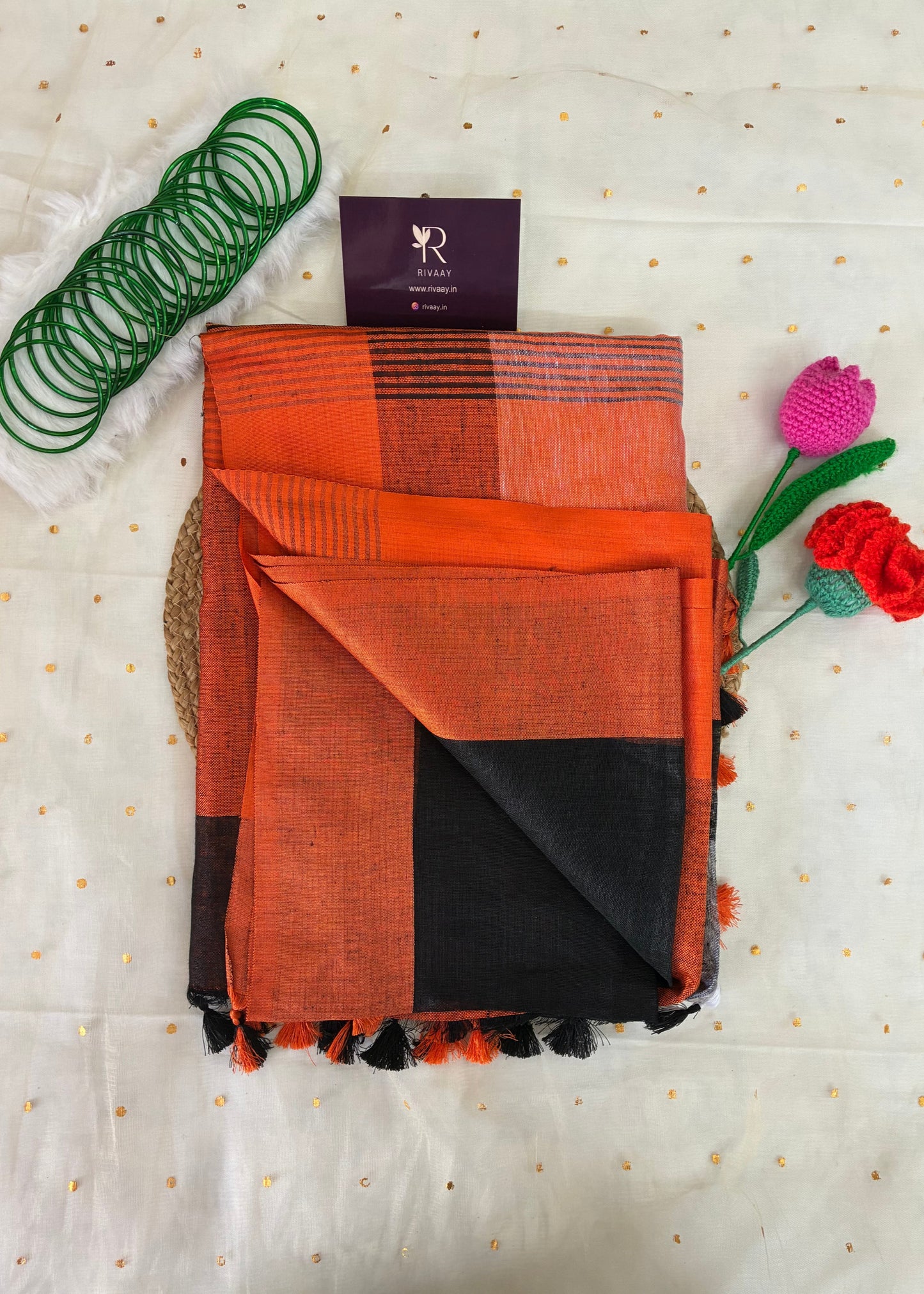 Black Orange Colorblock Pure Linen Saree