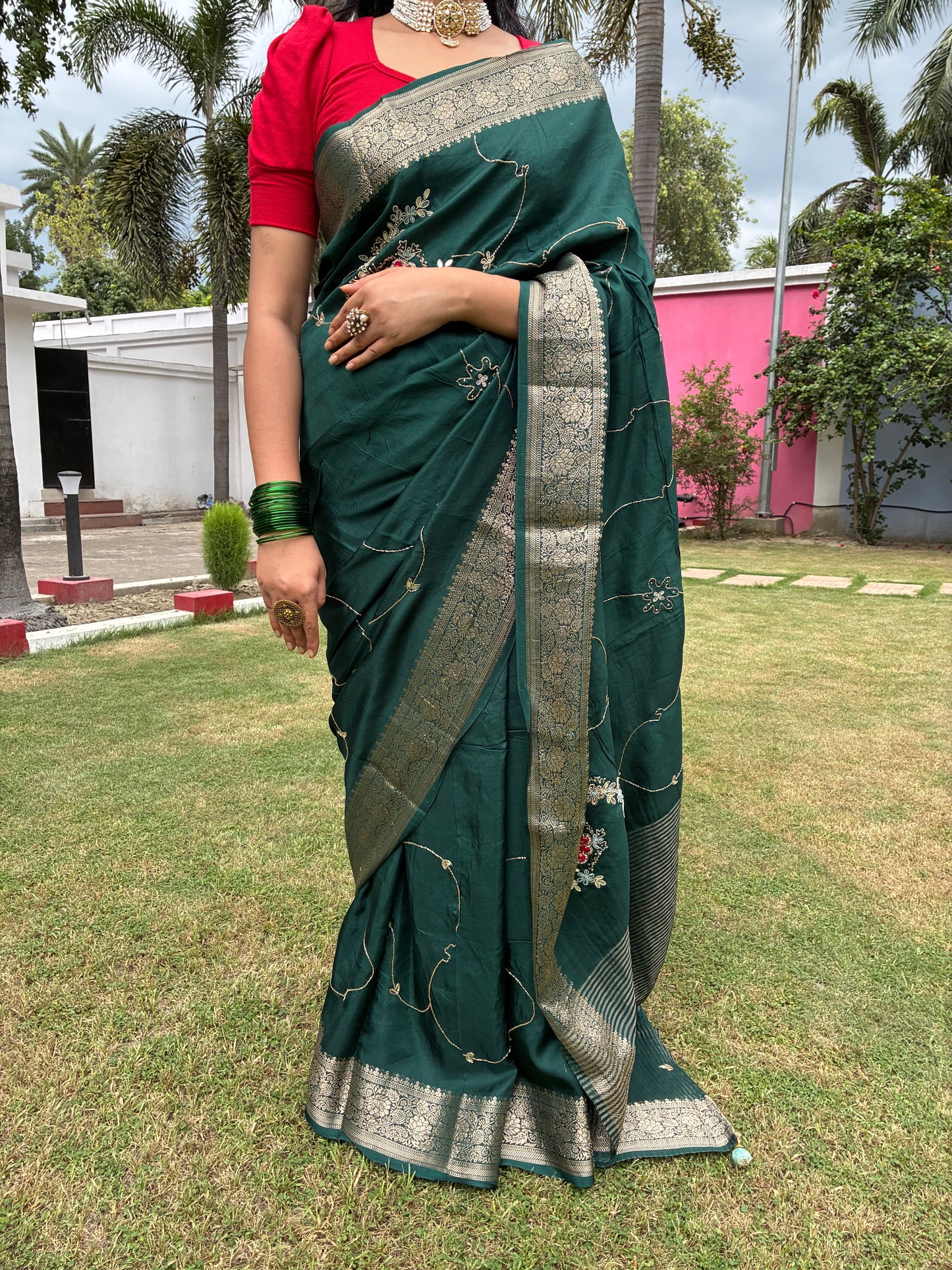 Green Festive Chit Pallu Saree