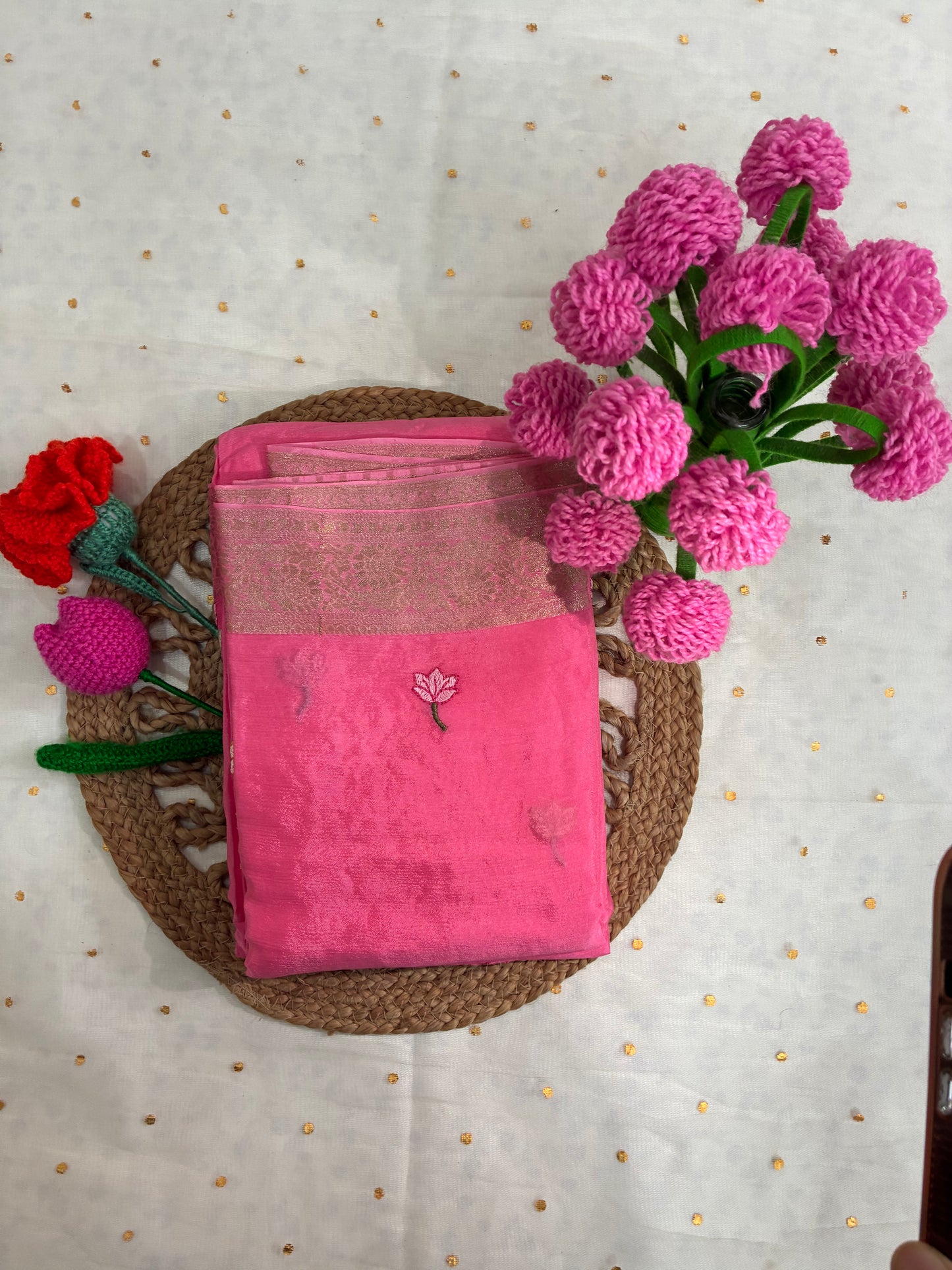 Pink Floral Design Chinon Saree