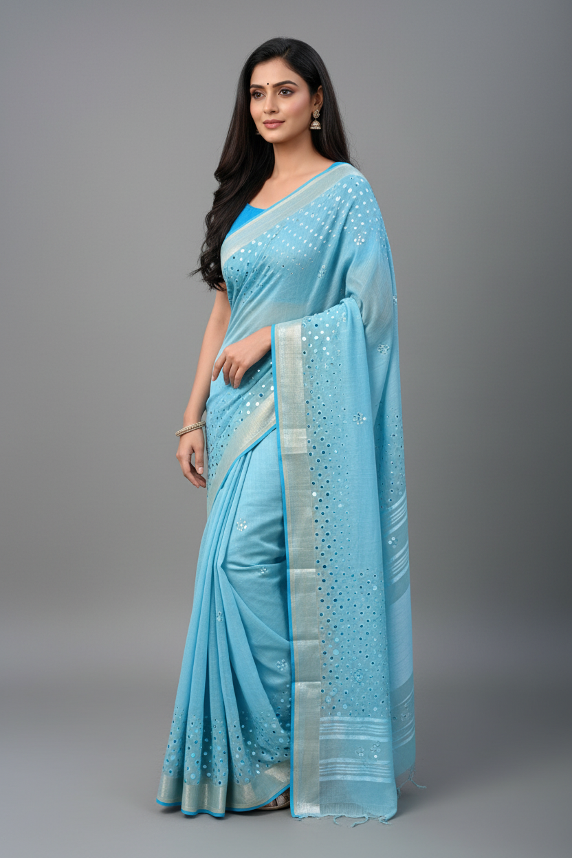 Light Blue Work Pure Linen Saree