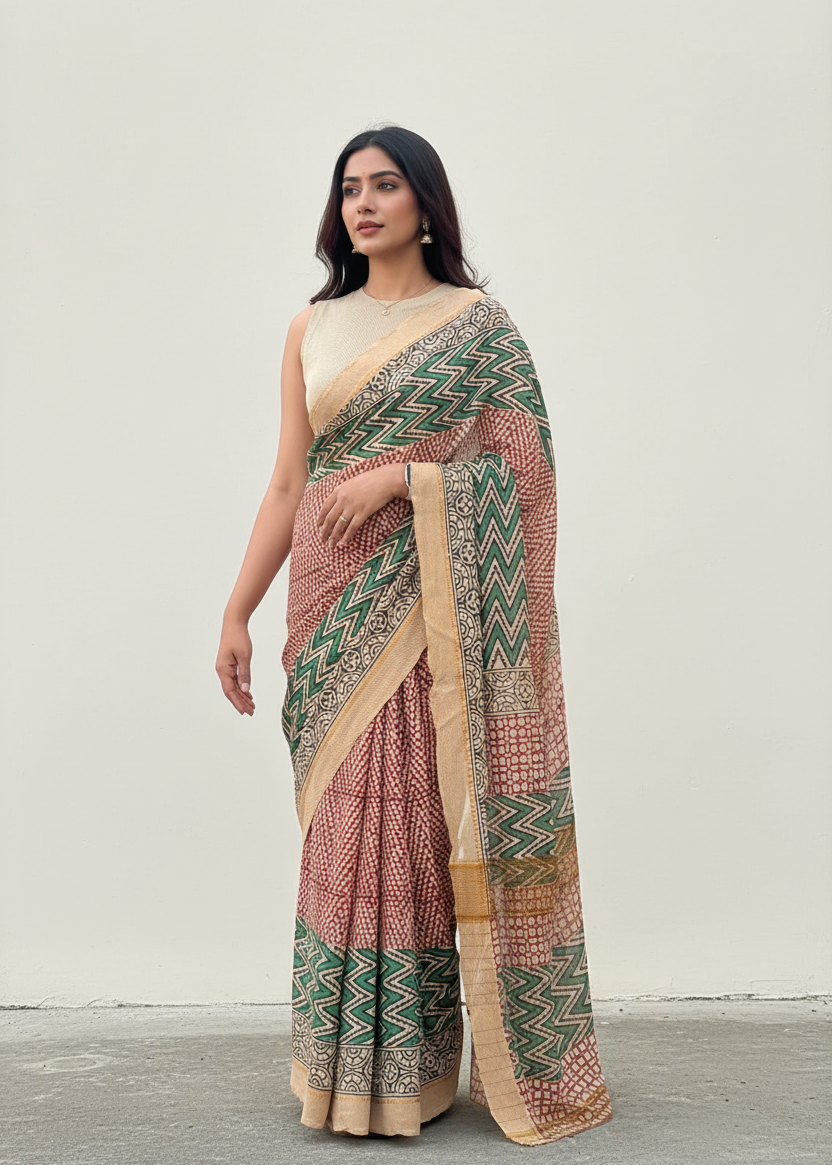 Brown Green Geometric Pattern Chanderi Saree