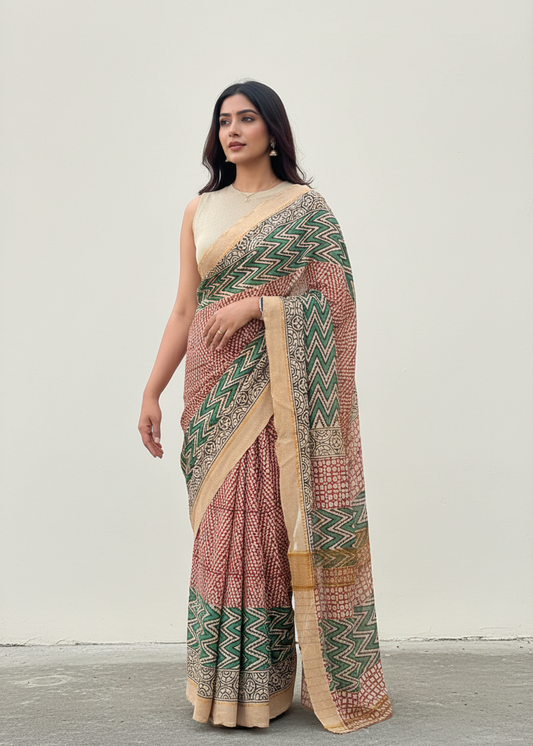 Brown Green Geometric Pattern Chanderi Saree